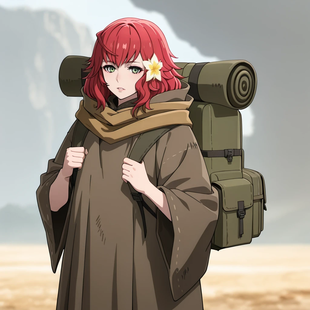 <lora:DevolaPopolaNierAnime_illustrious_v1:1>DevolaCloak, 1girl, red hair, hair flower, hair ornament, cloak, backpack, green eyes, cowboy shot