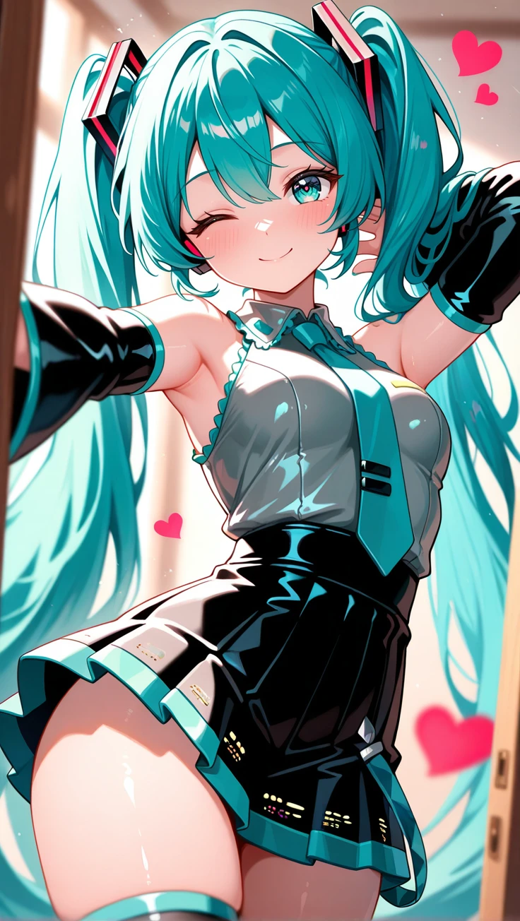 artist:moriimee, in the style of cksc, in the style of cknc, hrtdrp, Hearts Drips, masterpiece, best quality, good quality, very aesthetic, absurdres, newest, 8K, depth of field, focused subject, BREAK hatsune miku, vibrant, hearts, smile, wink, cowboy shot, dynamic pose