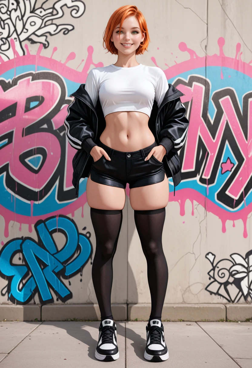 emo girl, white skin, short blue hair, wears black clothes, black stockings, black sweater, eye shadow, good body, a smile