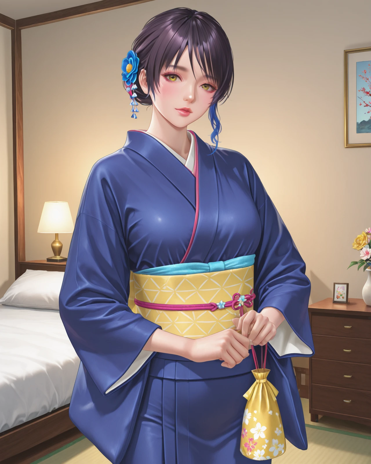 shandy \(doax vv\),lips,cowboy shot,kimono,bedroom,