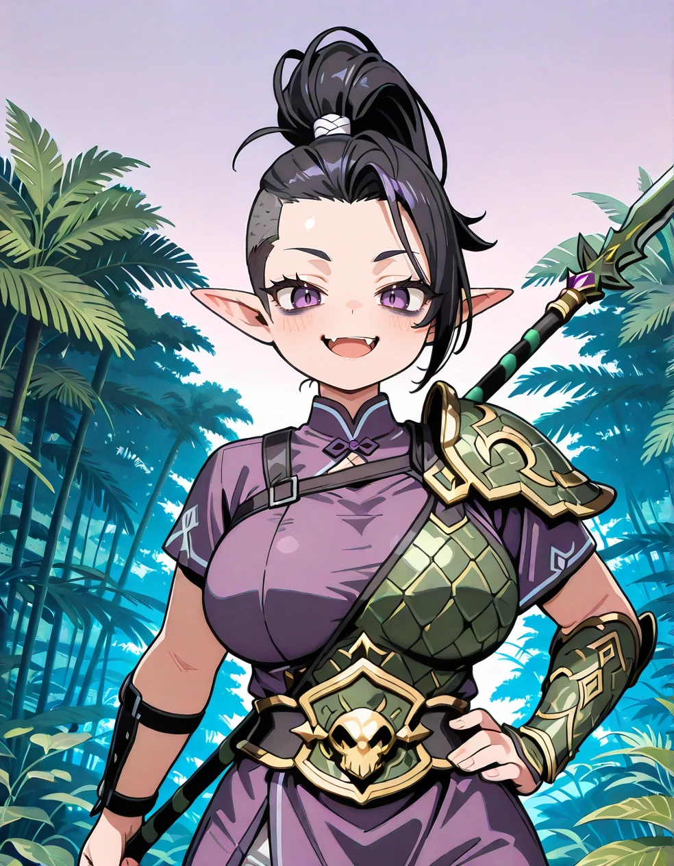 (2D, highres, hi res, anime coloring, anime screencap, flat colors, clean lineart, ultra-detailed, curvy, large_breasts, 1 girl,Cowboy Shot,straight-on,from front,looking at viewer,pale purple sky,jungle,tropical rain forest), TRexStyle, High Beastmaster, purple eyes,black hair, sharp eyelashes, (pointy_ears:1.2),single shoulder green scale armor,topknot,shaved sides, mohawk style, tied-up hair, high ponytail, undercut,holding polearm, fierce expression, standing pose,one hand on hip, round face,soft features,big round eyes,open mouth,fang,smirk,blush,purple tunic,serpentine arm guard,ornate right arm armor, clean sides, no loose hair, no stray hair, tightly tied hair,colorful details, high contrast, vivid colors,cute expression, soft cheeks,younger, youthful appearance,<lora:High_Beastmaster-000005:1>, <lora:ATRex_style:0.7>, <lora:Ghelber:0.4>, <lora:Body Type Slider - Illustrious_alpha1.0_rank4_noxattn_last:-1>