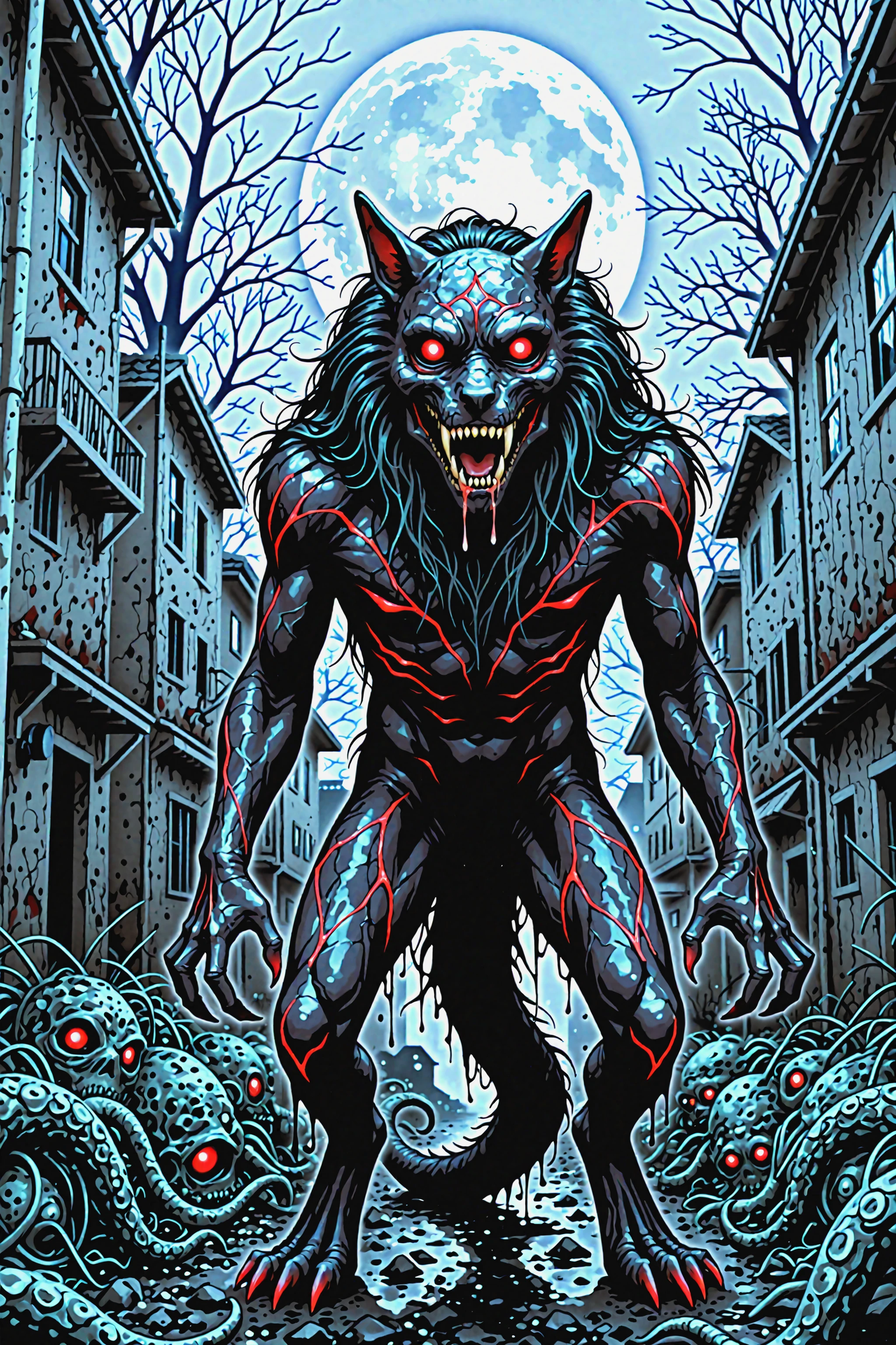 masterpiece, realistic, photo realistic, newest, high quality, highres,
1monster, giant beast, horror \(theme\), solo, looking at viewer, dark theme,
midnight, full moon, dark forrest,
<lora:dmd2_sdxl_4step_lora:1>, blue lighting, night, <lora:Night_Visison:0.5> N1GHTV1S1ON, HORROR (THEME), MONOCHROME <lora:SLE_v2:1> <lora:Smooth_Lighting_Enhancer:1>