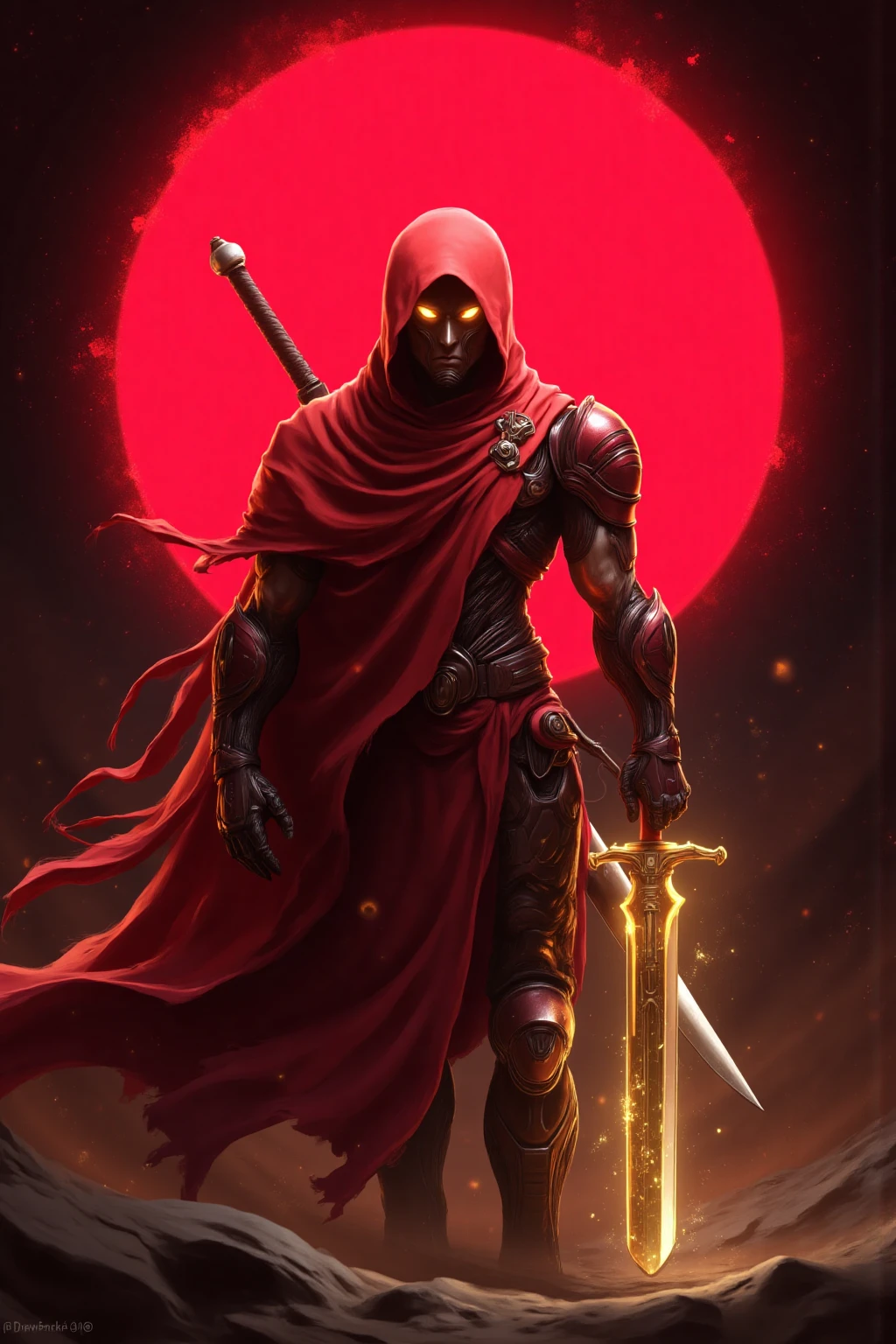 cybernetic warrior in vibrant red tattered cloak in holding a glowing golden sword in action pose before a glowing vibrant crimson portal, sci-fi fantasy setting, dark cosmic background, intense shadows, dramatic lighting, intricate robotic armor, anime-inspired style, concept art