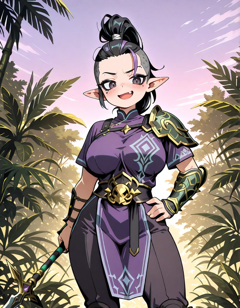 (2D, highres, hi res, anime coloring, anime screencap, flat colors, clean lineart, ultra-detailed, curvy, large_breasts, 1 girl,pale purple sky,jungle,tropical rain forest), TRexStyle, High Beastmaster, purple eyes,black hair, sharp eyelashes, (pointy_ears:1.2),single shoulder green scale armor,topknot,shaved sides, mohawk style, tied-up hair, high ponytail, undercut,holding polearm,  fierce expression, standing pose,one hand on hip, round face,soft features,big round eyes,open mouth,fang,smirk,blush,purple tunic,serpentine arm guard,ornate right arm armor, clean sides, no loose hair, no stray hair, tightly tied hair,colorful details, high contrast, vivid colors,cute expression, soft cheeks,younger, youthful appearance,pants,black eyeshadow,bold eyeliner,smokey eye makeup,dark smokey eyes,boots,<lora:High_Beastmaster-000005:1>, <lora:ATRex_style:0.7>, <lora:Ghelber:0.4>, <lora:Body Type Slider - Illustrious_alpha1.0_rank4_noxattn_last:-1>