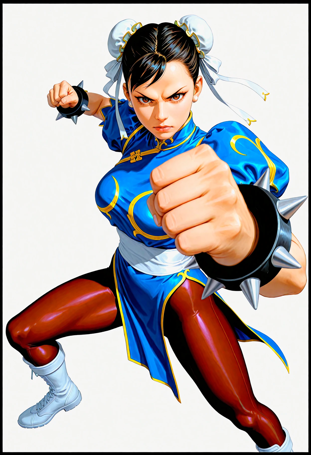 masterpiece, realistic, illustration.media, newest, high quality, highres, 8K, depth of field, dynamic angle, best quality,
1girl, chun-li, drawing \(action\), punching, through page, angry, white background, bold lines, black outline,
<lora:ChunLiSFIllustrious:0.4> CLICLASS, black hair, double bun, bun cover, blue china dress, puffy sleeves, short sleeves, pelvic curtain,spiked bracelet, black bracelet, pantyhose, || white boots, perspective, depth of field, <lora:perspective:1> perspective <lora:Midjourney_Illustration_IllustriousXL:0.5> 1LLUSMJ7