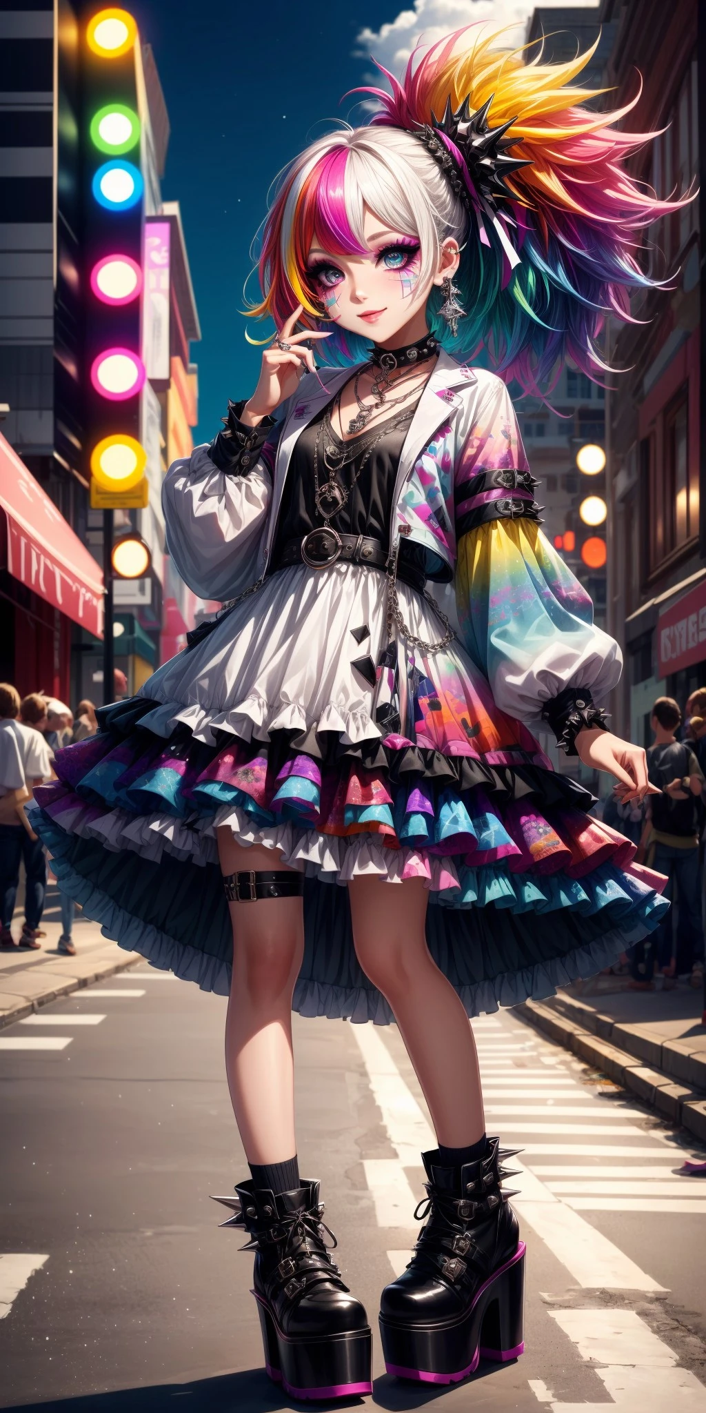 (front facing, facing viewer) 1girl, big sparkling eyes, blush, full face blushing, smile, visual kei, punk, gothic, big hair, spiky hair, multicolored hair, streaks, highlights, exaggerated makeup, facepaint, white facepaint, eye makeup, eyeliner, eyeshadow, lipstick, multicolored clothes, layered clothes, print clothes, chains, spikes, jewelry, platform footwear, ((hyperdetailed clothing and fashion)), <lora:more_details:0.7>, <lora:scene_:0.5>, <lora:FashionComplexityEnhancerLORAv1:0.4>, <lora:b7a18859-91dc-4371-9ab3-5a01ef53c60e:0.5>, <lora:96073874-f082-4683-942e-601cecac5c40:0.3>, <lora:f7d08feb-f21d-42d0-9ef1-a9481867524d:0.3>, <lora:5844635f-c9c3-4f9e-85c4-d0d40f201159:0.3>, <lora:betterLight_v10:0.3>, ,