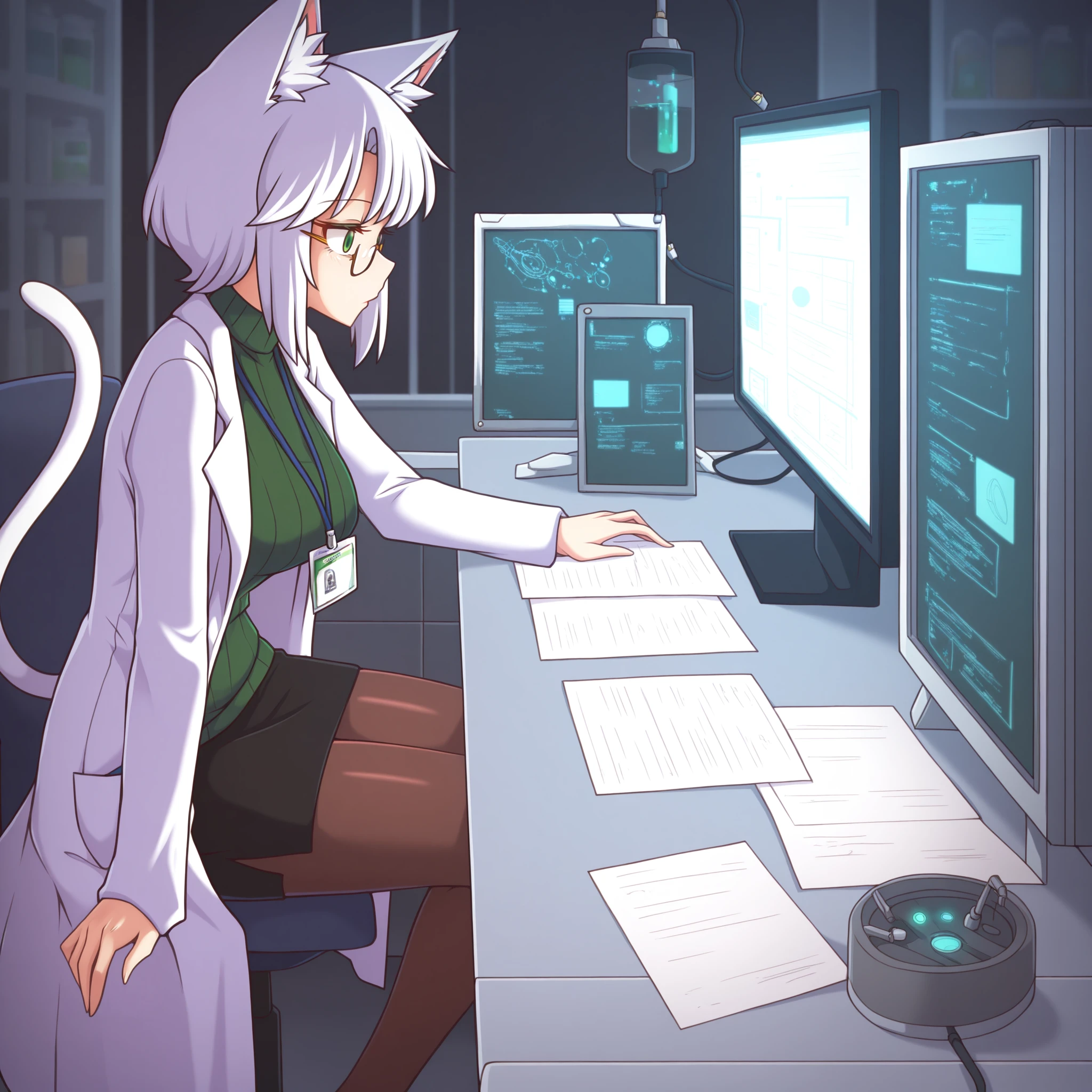 masterpiece,best quality,amazing quality,left-side,wide shot, solo, 1girl, cat girl, bowl cut,medium hair, white hair,short hair, tail,medium breasts, green eyes, mature female, sidelocks, lab coat, id card, skirt, pantyhose, green turtleneck sweater, semi-rimless eyewear glasses, sitting, papers, laboratory, across table, wool \(miwol\), from side, looking at screen
<lora:Left side (Illustrious) v1:1>