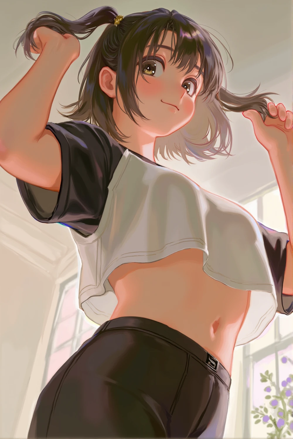 <lora:lora-flux-style_28-step00010640:1>, style_28, a person presumably female wearing a black and white crop top and black shorts. the person is holding their hair in two ponytails and has a playful expression. the background appears to be an indoor setting with a hint of a floral arrangement.,1girl,breasts,realistic,underboob,solo,asian,twintails,navel,black shorts,shorts,photorealistic,looking at viewer,bike shorts,holding hair,shirt,medium breasts,holding,cropped shirt,hip vent,closed mouth,smile,crop top,black hair,from below,stomach,short sleeves,raglan sleeves,t-shirt,black eyes,hands up,midriff,head tilt,leaning back,no bra,lips,cowboy shot,mole,short shorts,mole on stomach,brown eyes