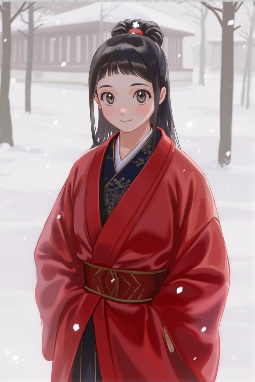 <lora:lora-flux-style_28-step00010640:1>, a young woman standing outdoors during what appears to be winter. she is wearing a traditional-style red coat with a black inner garment adorned with intricate patterns. the coat has a high collar and she has a brown belt tied around her waist. her hair is long dark and styled in an updo. snowflakes can be seen falling around her suggesting a snowy environment. the background is blurred emphasizing the woman as the primary subject.,1girl,solo,realistic,snow,long hair,looking at viewer,japanese clothes,coat,smile,black hair,kimono,black eyes,snowing,blurry,red coat