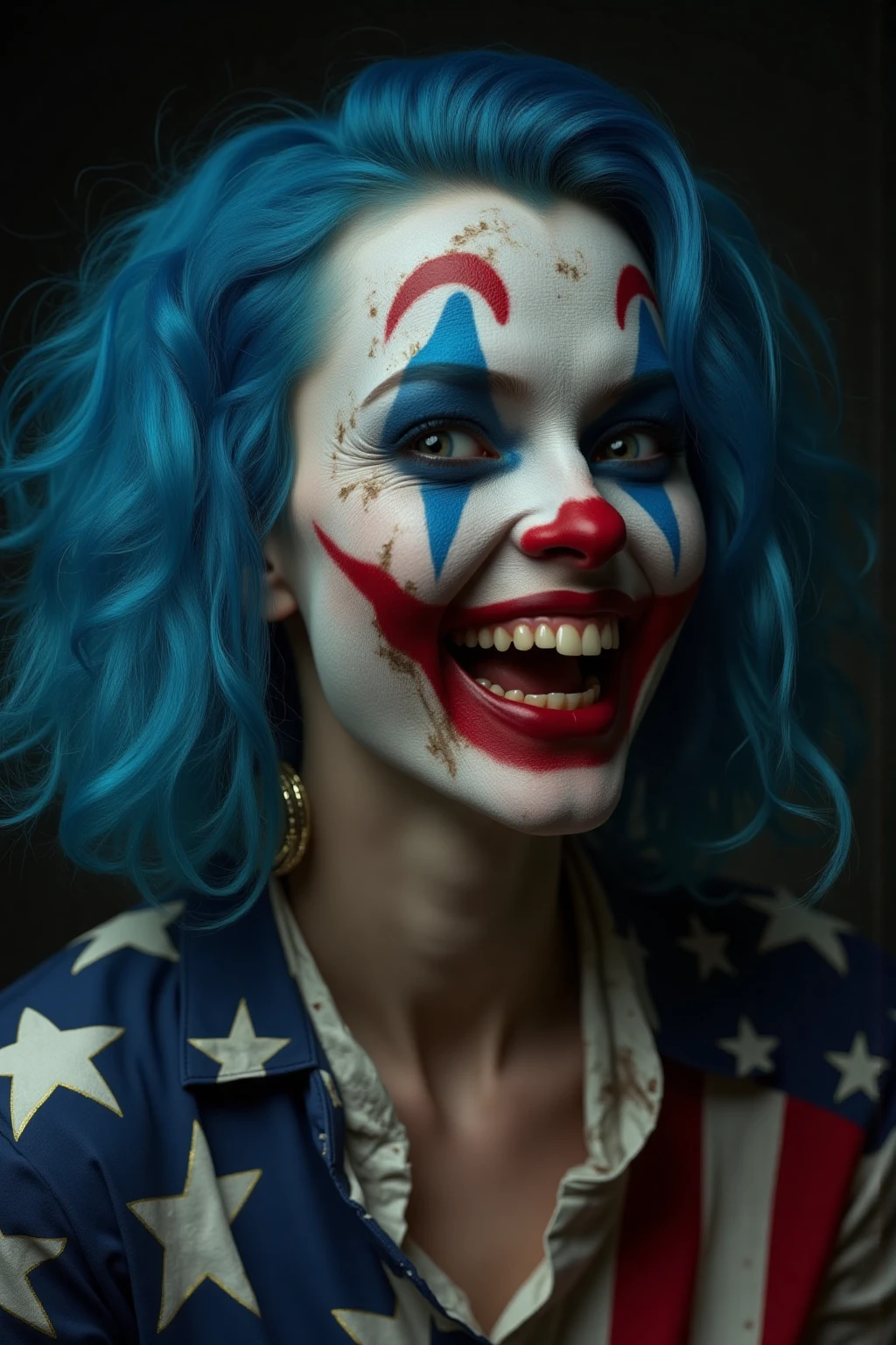 A female horror jester with blue hair,wearing with dirty American flag patterns,laughing heartily while showing off sharp white teeth,in the style of James Jean,