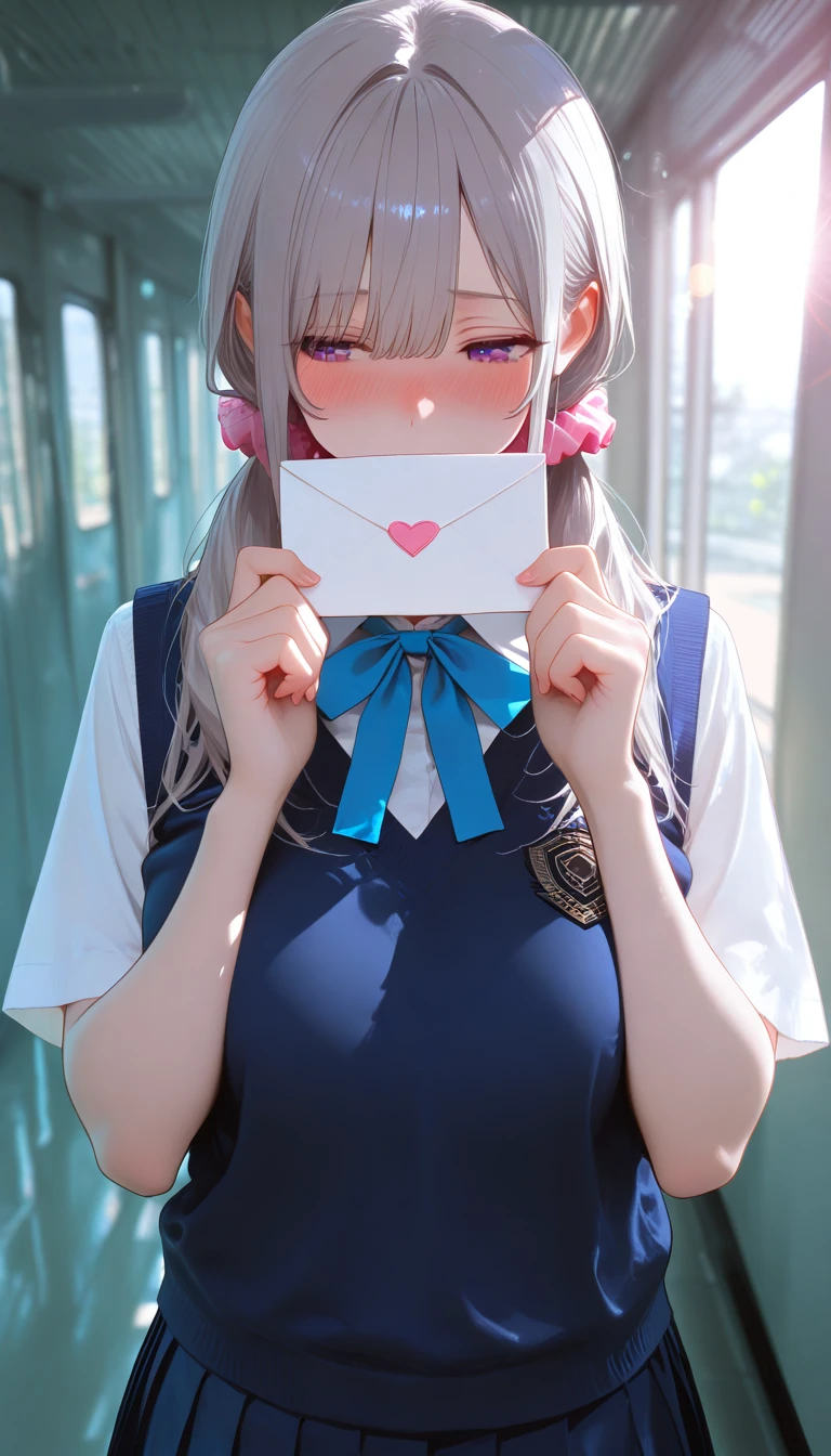 masterpiece, best quality, amazing quality, very aesthetic, absurdres, highres, newest, 2024, HDR, 8K, high detailed, detailed background,
1girl, solo, purple eyes, grey hair, low twintails, pink scrunchie, school uniform, blue ribbon, white shirt, short sleeves, blue vest, pleated skirt, black socks, loafers, face focus, blush, upper body, holding love letter, crossing corridor, Nostalgic atmosphere, fantastic color effects, lens flare, diagonal angle, three-quarter view, professional view, professional framework,