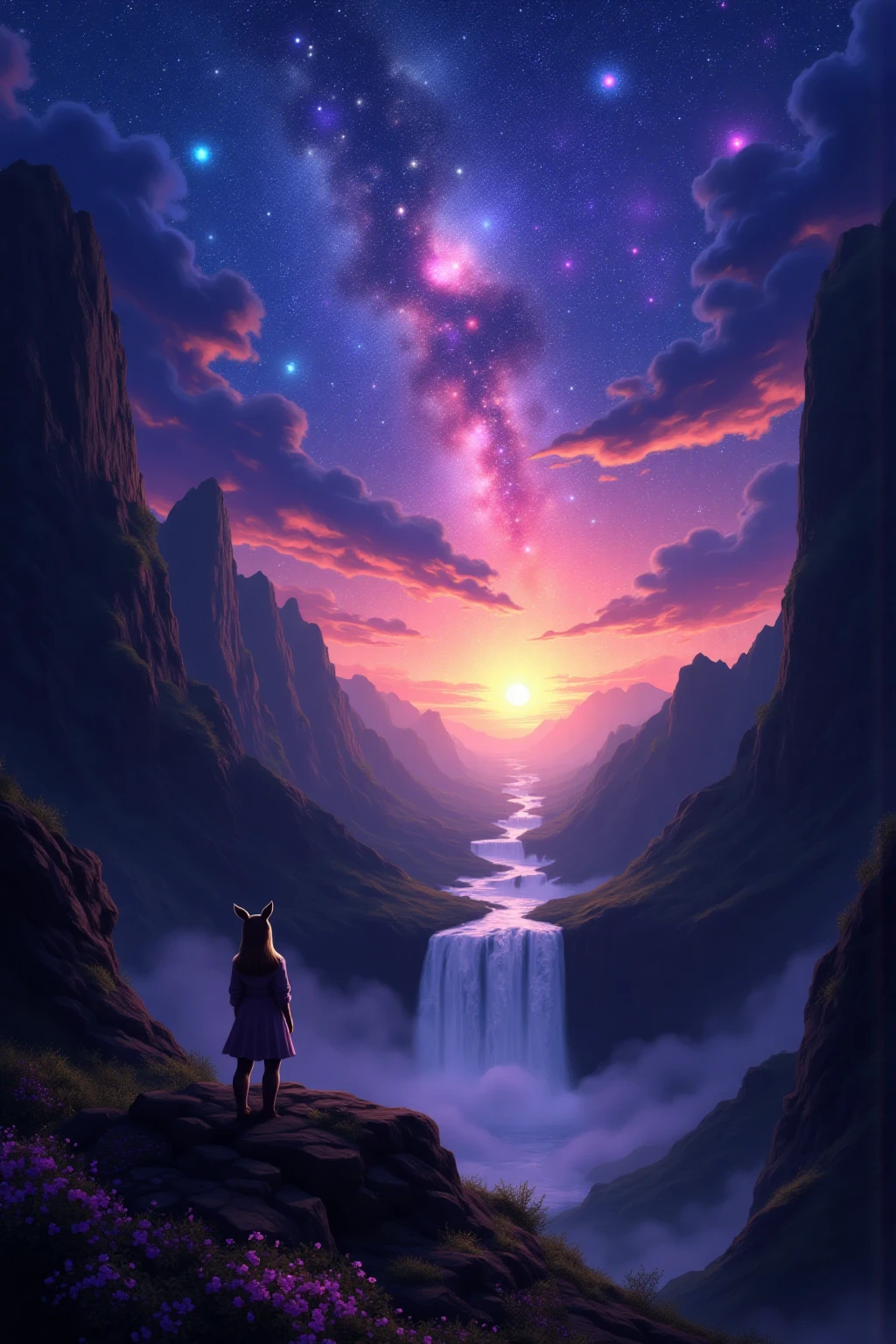 masterpiece,colorful,{best quality},detailed eyes,high constrast,ultra high res.,amidef,
amiya is in a mountain seeing a huge glowing ravine with glowing nebula sky while the sun is setting down with big galaxy like stars.,giving a sad yet with a little hope.,animal ears,
