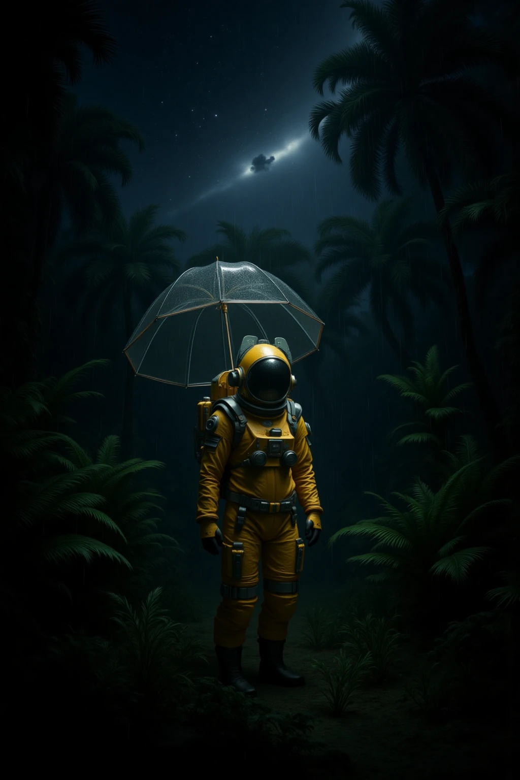 A figure remained stationary in a dense, dark forest, enveloped in an uncanny stillness. Night had fallen, and the surrounding darkness was heavy with the aroma of moist earth and mature vegetation. Overhead, the vast night sky was speckled with countless stars, faintly glimmering against the inky blackness. The air was cool and humid, carrying a subtle hint of rain.
The figure wore a bright yellow spacesuit, its polished surface reflecting the weak light filtering through the forest canopy. The suit was substantial and complex, featuring numerous patches, straps, and technological components indicative of advanced extraterrestrial technology. A transparent umbrella provided protection from the light drizzle, its frame both delicate and robust. The umbrella softly illuminated the figure, lending an ethereal quality.
The surrounding forest was richly detailed. Ferns and broad-leaved plants grew abundantly, their leaves glistening with water droplets.