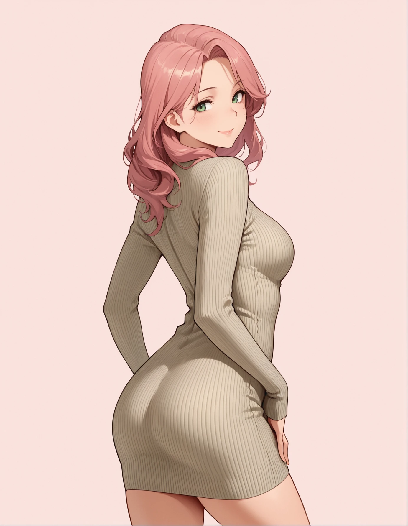 perfect quality, best quality, masterpiece, 1girl, solo, simple background, pink background,
standing, from behind, looking back, contrapposto,
smile, High Fade with Messy Top, Rose pink hair, green eyes, mature female, medium breasts,
ribbed dress, <lora:knitlaceupdress-illustrious:1>