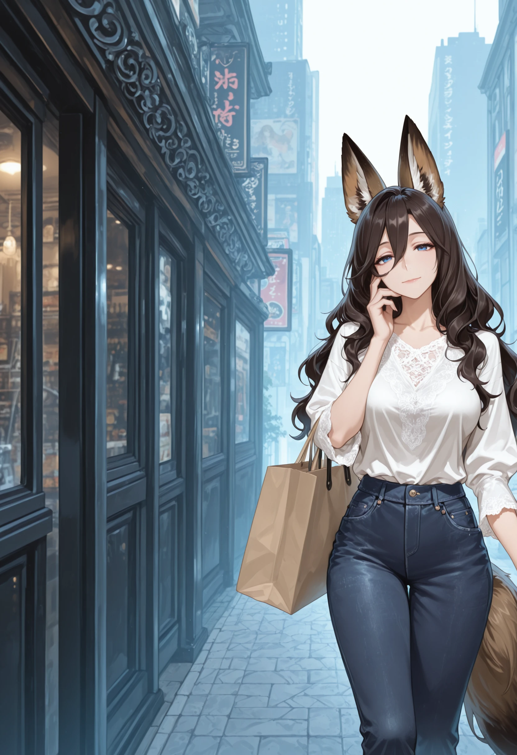 masterpiece,best quality,amazing quality,right-side,wide shot, fox girl, brown hair,blue eyes, brown fox ears, brown fox tail, wavy hair, expressionless,hair between eyes, shopping bag, walking, city, jeans,white lace trim shirt, mature female, smile, solo, hand to own cheek, head tilt, towards viewer, character_on_left_side, head rest
<lora:Right side (Illustrious) v1:1>