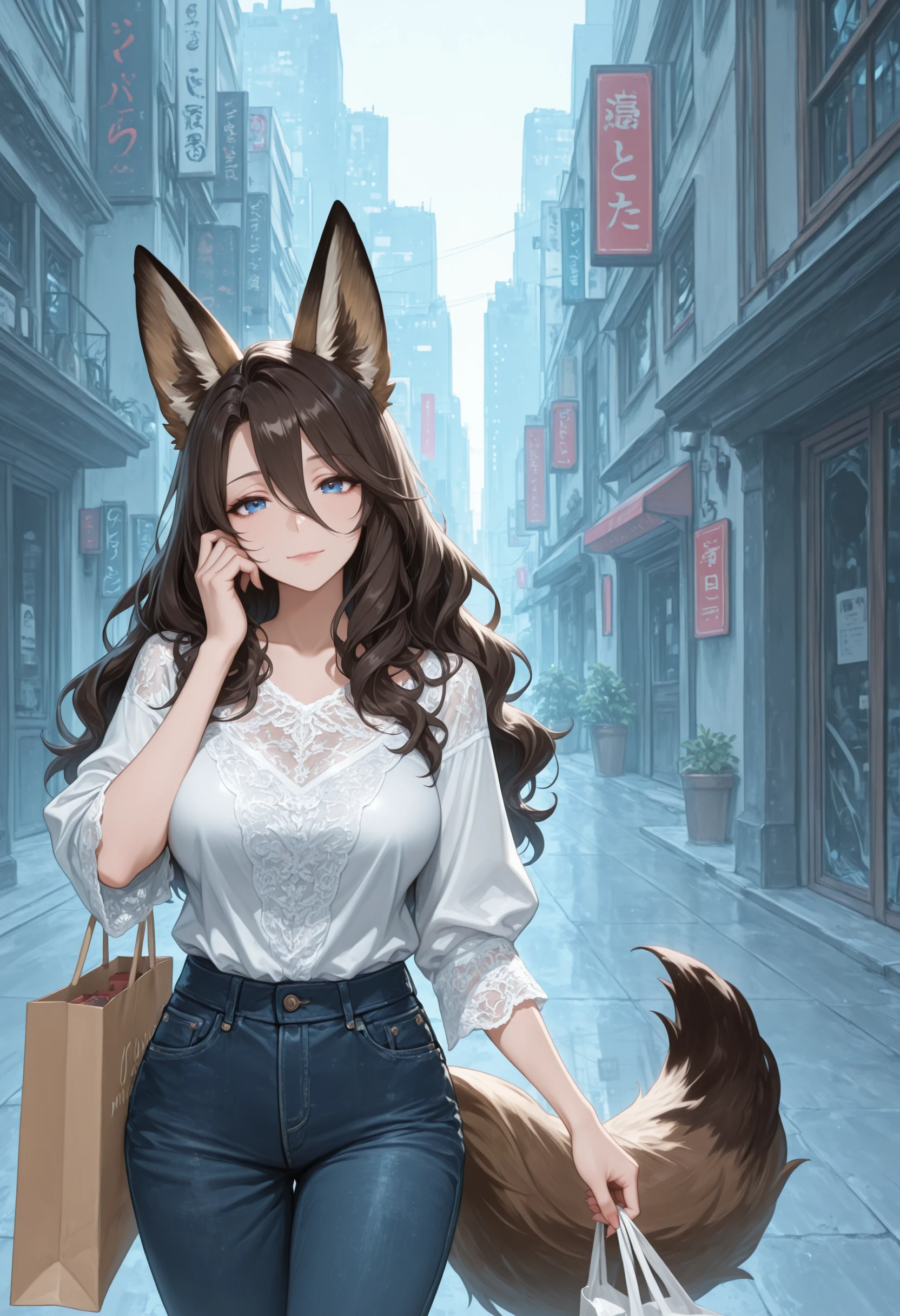 masterpiece,best quality,amazing quality,left-side,wide shot, fox girl, brown hair,blue eyes, brown fox ears, brown fox tail, wavy hair, expressionless,hair between eyes, shopping bag, walking, city, jeans,lace trim shirt, mature female, smile, solo, hand to own cheek, head tilt, towards viewer, character_on_left_side, head rest
<lora:Left side (Illustrious) v1:1>