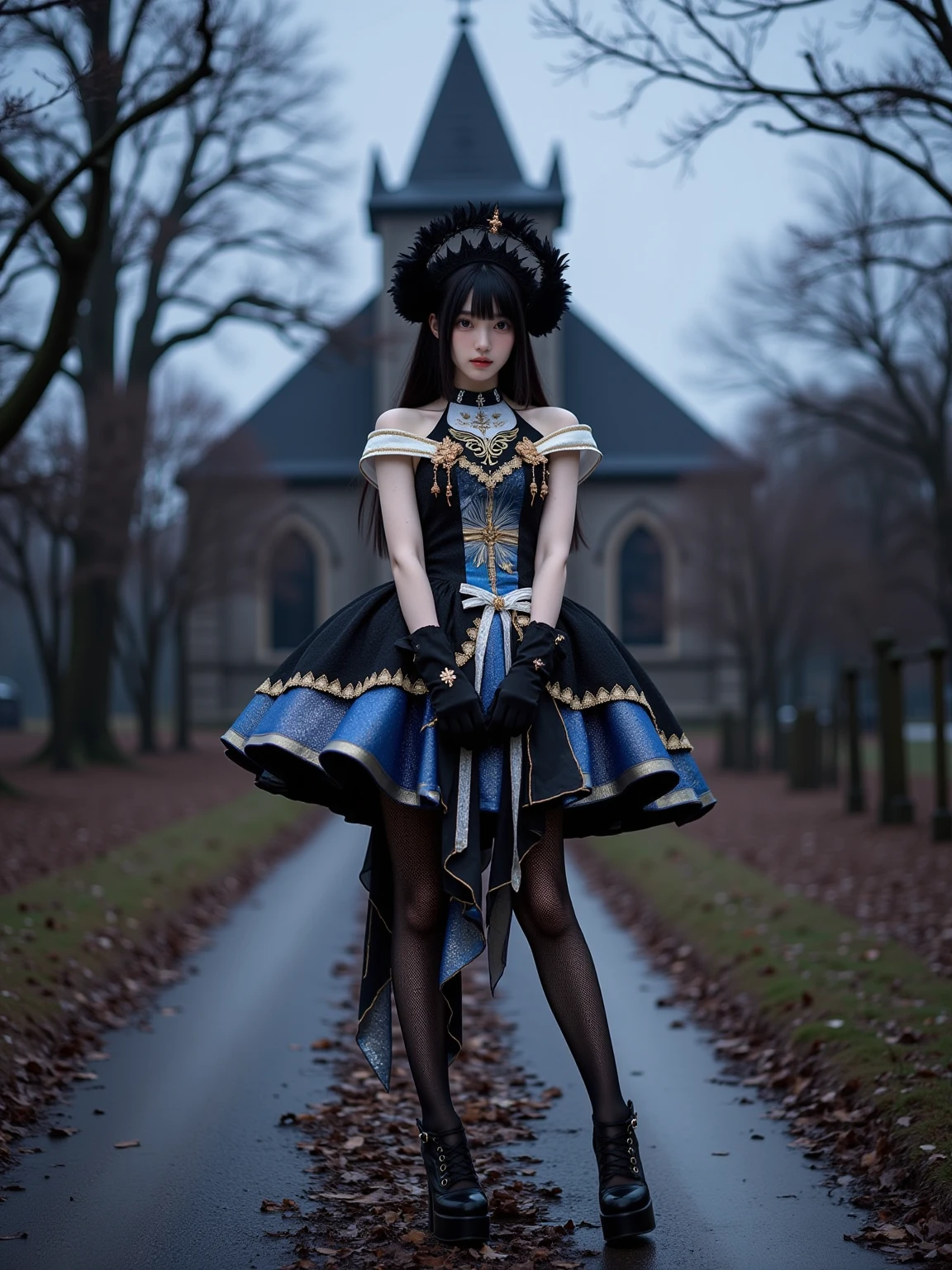 A realistic photo of a beautiful young woman in cyb dress. She is also wearing elbow gloves and black pantyhose and high heeled platform footwear. She has long black straight hair with feather crown. The background is dark gothic church and dry branches and fallen leaves and muddy road at dusk with misk, gothic scene. The photo is a full body shot with her entire body visible and with detailed background.