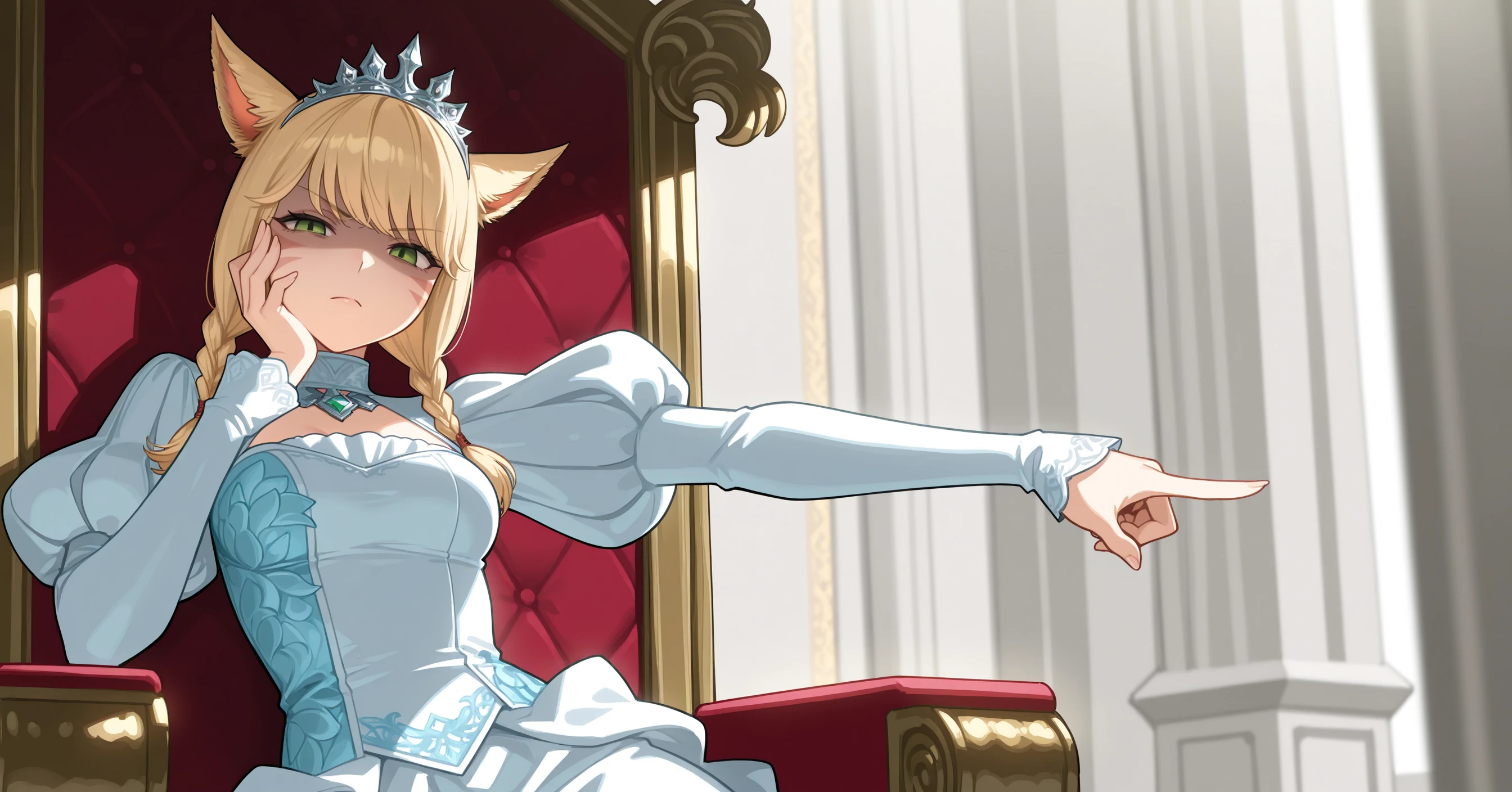 masterpiece,best quality,amazing quality, solo, 1girl, miqo'te, blonde hair, short hair,left-side, whisker markings, green eyes, twin braids, cowboy shot, sitting, chair, tiara, royal dress, towards viewer,arm support, hand to own cheek, pointing, (outstretched arm:1.1), serious,frown, shaded face, squinting, throne, indoors, gemstone
<lora:miqote (Illustrious) v1:0.8> <lora:Left side (Illustrious) v1:1>