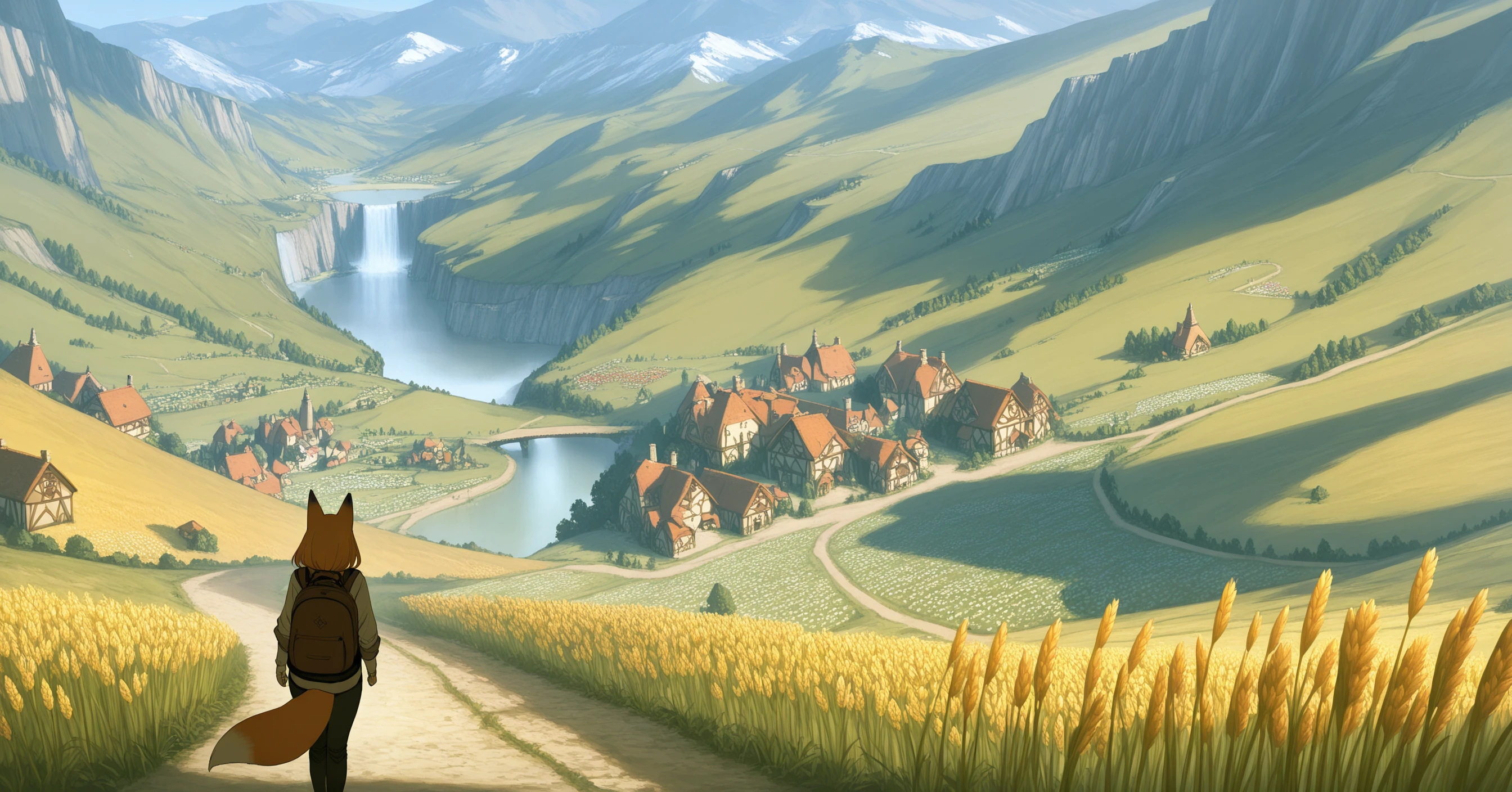 masterpiece,best quality,amazing quality, fox girl, mountains, flowers, fields of flowers, path towards town, village, town in background, backpack,  waterfall, scenery, landscape, bridge, medieval, fields of wheat, (walking:1.1), from behind
<lora:Left side (Illustrious) v1:1>
