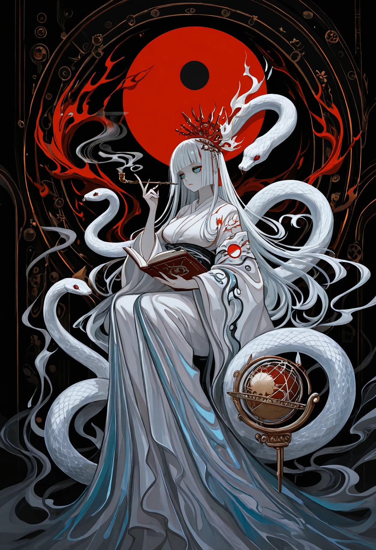 masterpiece, best quality, amazing quality, very aesthetic, absurdres, newest, 1girl,
<lora:lU5RsH5L3Ugbvz3_style_illustr:1> lu5rsh5l3ugbvz3, abstract background, surreal background, abstract, surreal,
volumetric lighting, detailed shadows, detailed background, ornate, ornate setting, ornate athmosphere,
snake girl, white snake, white kimono, large breasts, white hair, blunt bangs, empty eyes, aqua sclera, expressionless, armored scales,
flowing silver hair, iridescent scales, ethereal,
girl holding book, reading book, looking at book, smoking | smoking pipe, smoke coming out of pipe, (red accents:0.5), small fire in pipe | small flame in pipe,
gradient effect, gradient effect around snake girl, red sun | red circle | small red circle,