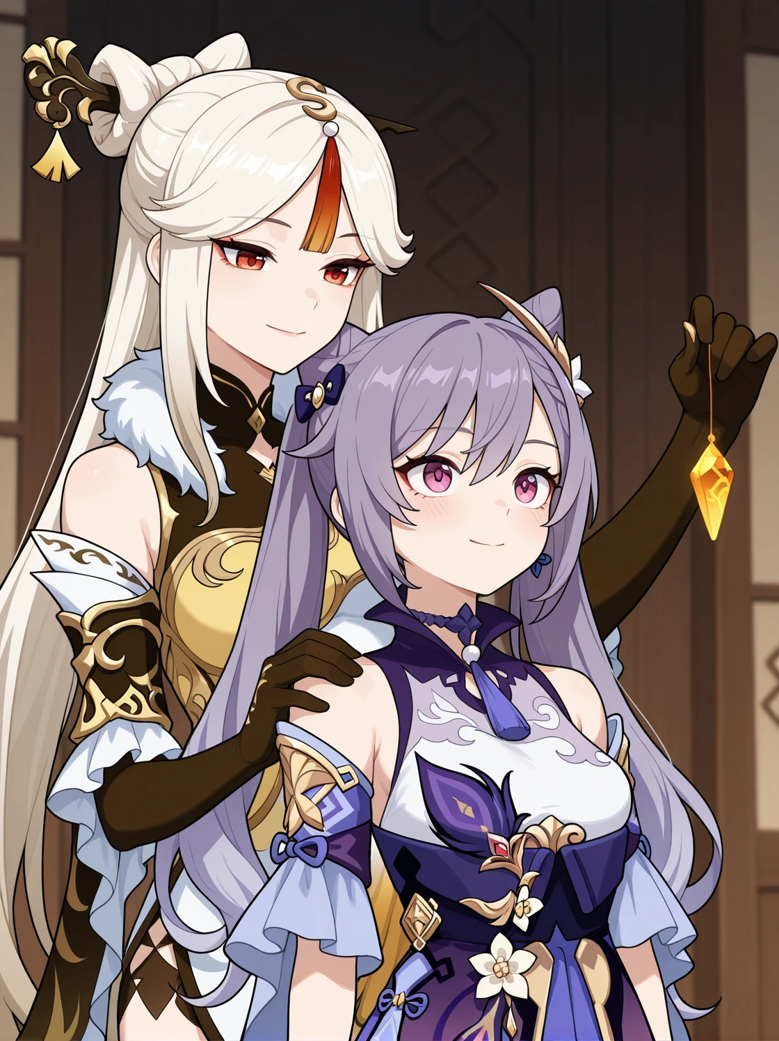 masterpiece, best quality, amazing quality, very aesthetic, absurdres, newest, , 2girls, standing, ningguang \(genshin impact\), keqing \(genshin impact\), upper body, smile, small breasts, holding, gem,
<lora:Crystal_on_string_v2_il:0.6:hr=0.3> crystal on string, standing from behind