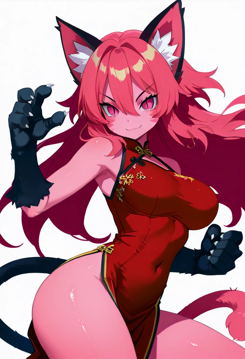 masterpiece, best quality, solo, curvy, beautiful eyes, zzPinkit, pink eyes, long hair, pink hair, pink skin, colored skin, animal hands, hair between eyes, cat ears, animal ear fluff, cat girl, slit pupils, animal ears, whisker markings, black gloves, china dress, bare shoulders, tail, sleeveless, , <lora:PinkitCitronOC_IXL_v1:1.0>, dynamic pose, cowboy shot, smile, looking at viewer, shiny skin,<lora:HaradaTakehitoIXL_v3:1.3>, <lora:ZankuroIXLLight_v2:0.6>,
