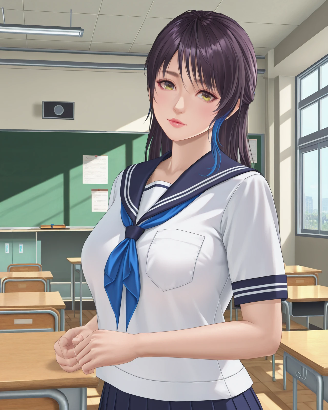 shandy \(doax vv\),lips,cowboy shot,serafuku,classroom,