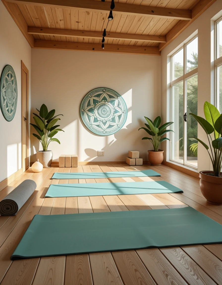 A serene and minimalist yoga studio, filled with natural light streaming through large floor-to-ceiling windows. The space features wooden floors, potted green plants in the corners, and soft neutral tones on the walls. Rolled yoga mats, meditation cushions, and neatly stacked blocks are arranged in an orderly fashion. A few Himalayan salt lamps emit a warm glow, adding to the calming atmosphere. The studio is empty and quiet, radiating peaceful energy, with a large mandala mural painted on one wall and gentle sunlight casting soft shadows across the room.yoga stud10, <lora:yoga_stud10-i:1>, Masterpiece,best quality,hi res,8k,hi res,8k,award winning,(sharp focus, intricate, highly detailed),