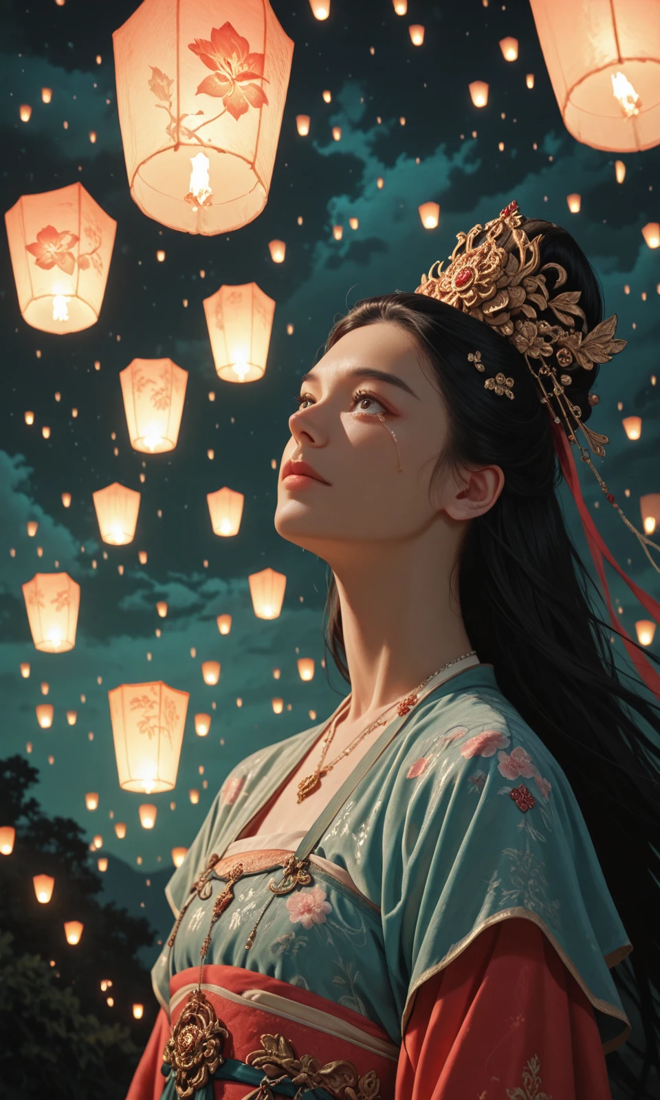 (1girl/gsfh, hanfu, hwf, solo, alone, jewelry, necklace, black hair, hair ornament, realistic, upper body, chinese clothes, full chest, Focus on the face, Focus on the eyes, very detail face, very beautiful face, very clear face, very clear eyes, perfect black eyes, looking up),
tears in eyes,
face, portrait, at night, ruanyi0799, lantern, glowing, night sky, from below,
masterpiece,best quality,amazing quality,very aesthetic,absurdres,newest,detailed eyes,
brown eyes, black hair, haute couture,
face focus, side view, upper body view, dynamic angle,
(many sky lanterns in background:1.4), black background, minimalistic composition, dark green background details, floating hair, underground, sewerage, floral print in background, ivy,
light from one side, dark shadow,