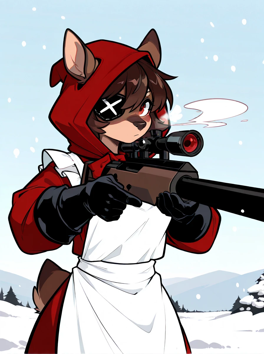digital media \(artwork\), (masterpiece, high quality, best quality, 8k uhd, absurd res, very aesthetic, newest),solo, <lora:AppleSuizilla-Illustrious:1> anthro, deer, female, eyepatch, red eye, brown hair, short hair, brown body, red clothes, hood, white apron, hooves, sniper rifle, aiming weapon, breath, snow, black gloves,