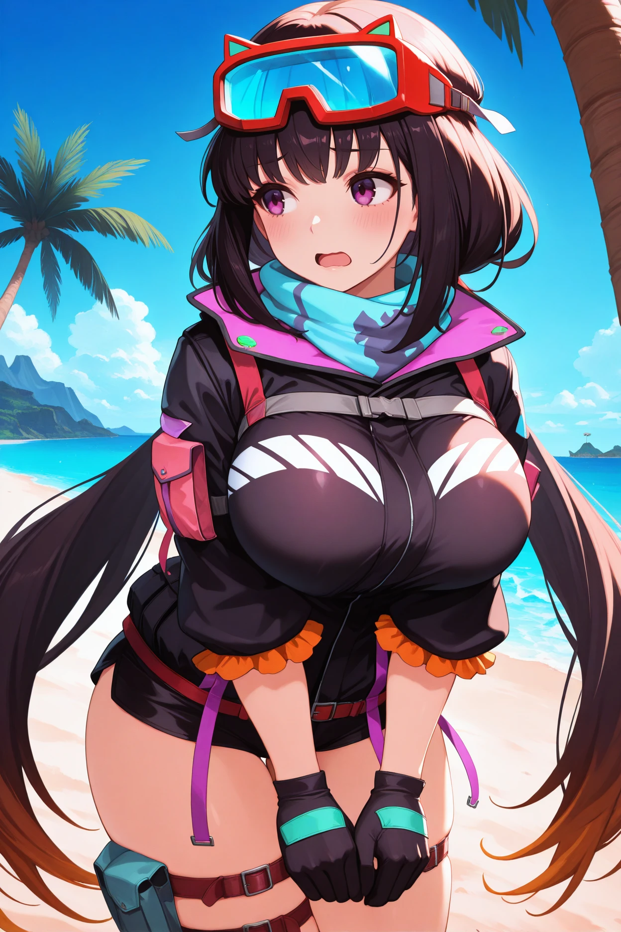 1girl, rough sketch, big tits, more huge tits, micro bikini, tight bikini, sexy pose, jacket, sitting on the sofa, focus on her tits, arms behind head, armpits, blushing, angry face