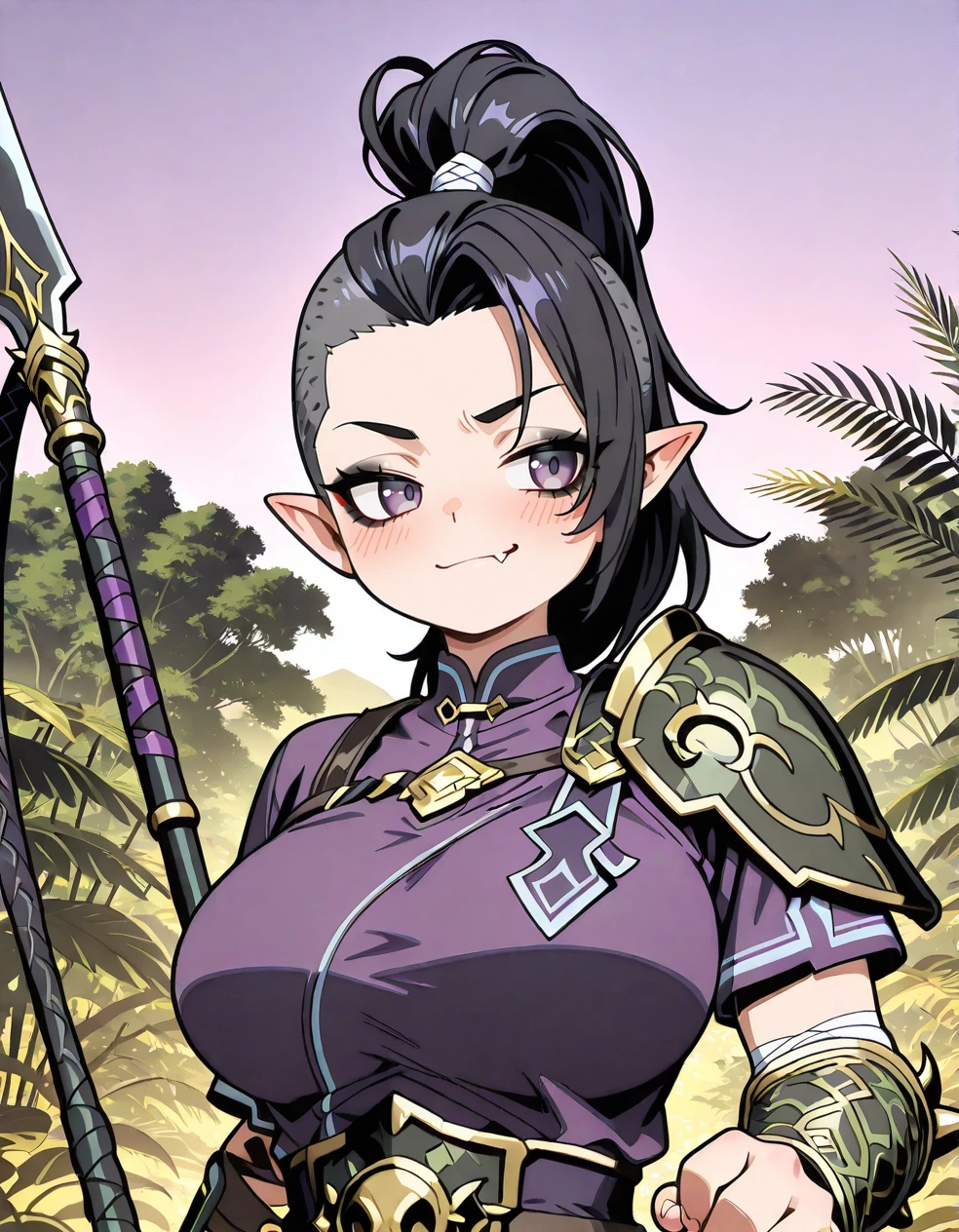 (2D, highres, hi res, anime coloring, anime screencap, flat colors, clean lineart, ultra-detailed, curvy, large_breasts, 1 girl,pale purple sky,jungle,tropical rain forest), TRexStyle, High Beastmaster, purple eyes,black hair, sharp eyelashes, (pointy_ears:1.2),single shoulder green scale armor,topknot,shaved sides, mohawk style, tied-up hair, high ponytail, undercut,fierce expression, round face,soft features,big round eyes,out fang,smirk,blush,purple tunic,serpentine arm guard,ornate right arm armor, clean sides, no loose hair, no stray hair, tightly tied hair,colorful details, high contrast, vivid colors,cute expression, soft cheeks,younger, youthful appearance,pants,black eyeshadow,bold eyeliner,smokey eye makeup,dark smokey eyes,boots,holding polearm,right hand holding a polearm, left hand holding a whip, dynamic battle-ready pose, legs apart in a stable stance, upper body slightly twisted for action, <lora:High_Beastmaster-000005:1>, <lora:ATRex_style:0.7>, <lora:Ghelber:0.4>, <lora:Body Type Slider - Illustrious_alpha1.0_rank4_noxattn_last:-1>