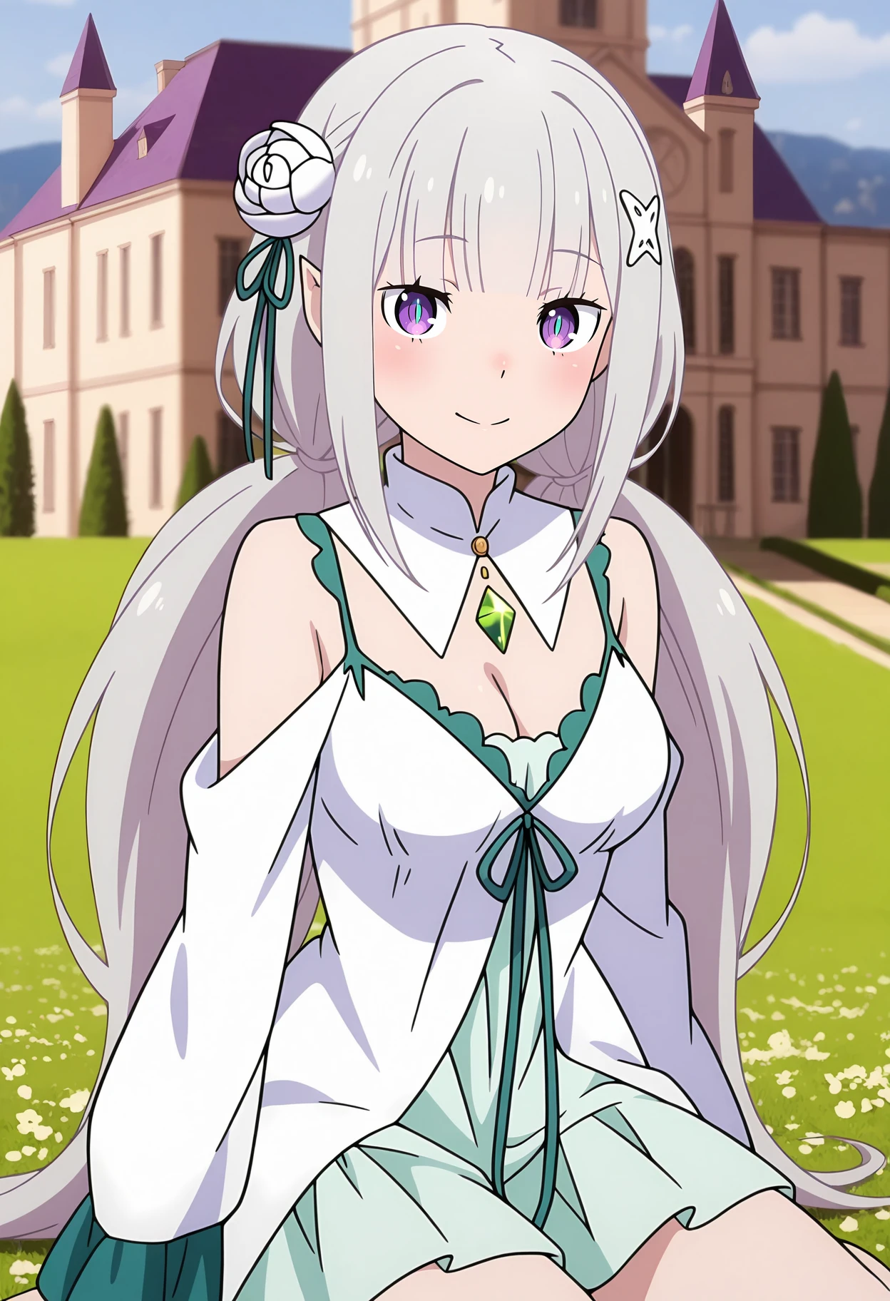 anime screencap, masterpiece, best quality,
<lora:ReZero_Emilia_IlluXL:0.9>,
1girl, solo, closed mouth, smile, blush,
low twintails, blunt bangs, long hair, grey hair, purple eyes, slit pupils, blue pupils, pointy ears, x hair ornament, hair flower, white rose, green ribbon,
white collar, green gemstone, cleavage, medium breasts, white dress, green trim, shoulder cutout, purple ribbon,
miniskirt, light green skirt,
yokozuwari, on grass, looking at viewer, cowboy shot,
outdoors, mansion, plant, medieval, photo background, blurry background
