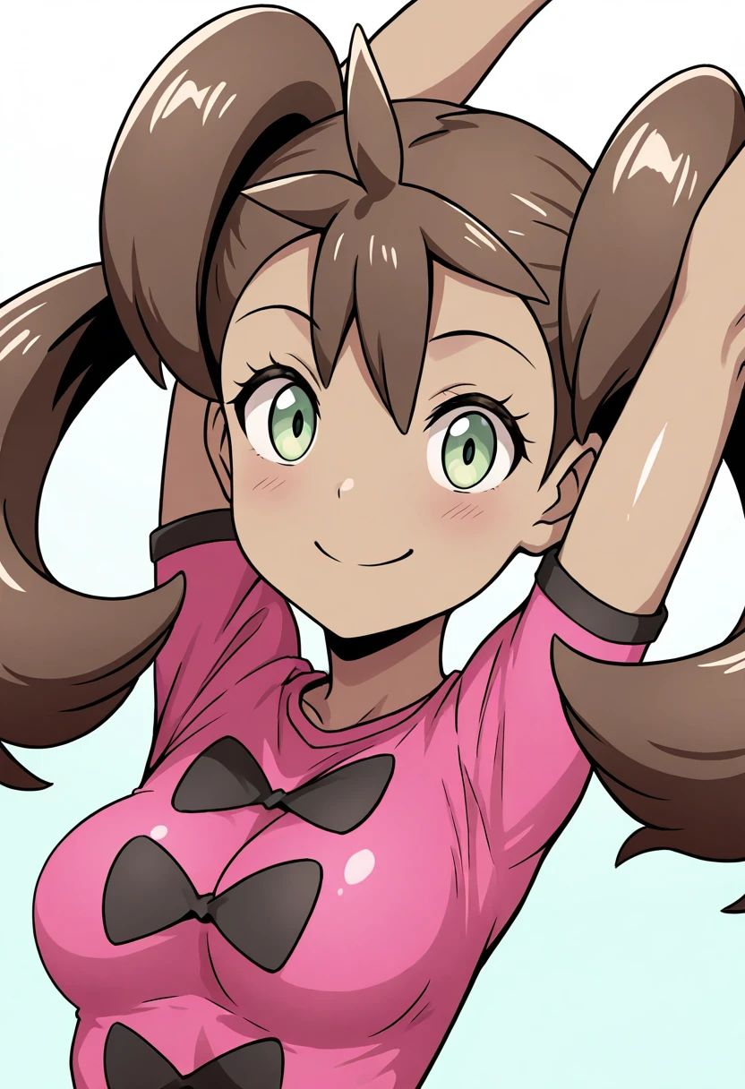masterpiece, best quality, 1girl, solo, eyelashes, (beautiful eyes), shiny skin, zzShauna, dark skin, twintails, brown hair, long hair, green eyes, pink shirt, (upper body), medium breasts, arms up, stretching, upper body, smile, looking at viewer, medium breasts, <lora:ShaunaPokemon_IXL_v1:1.0>,