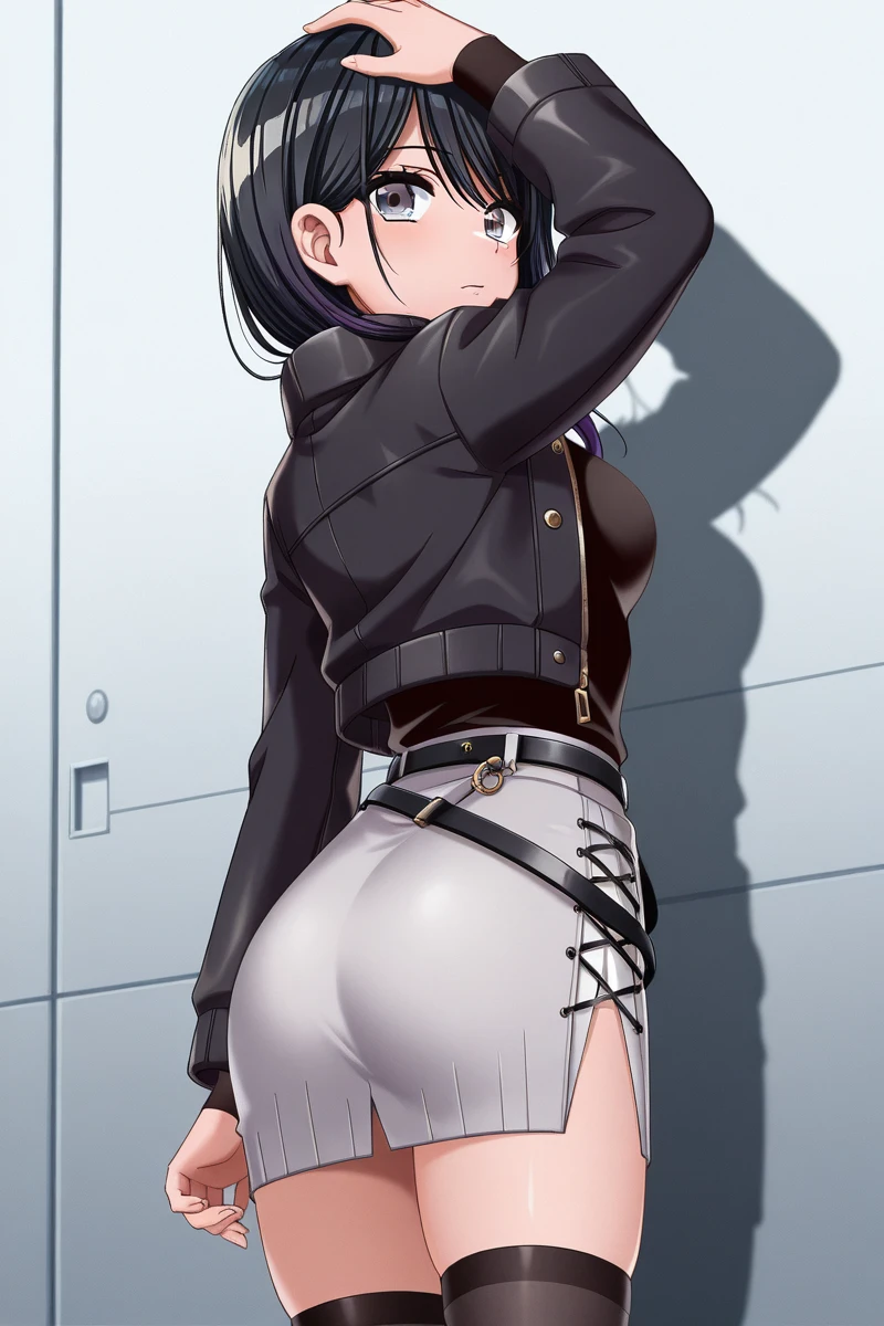 girl in spandex booty shorts, wearing oven mittens tucked in pockets, blindfold