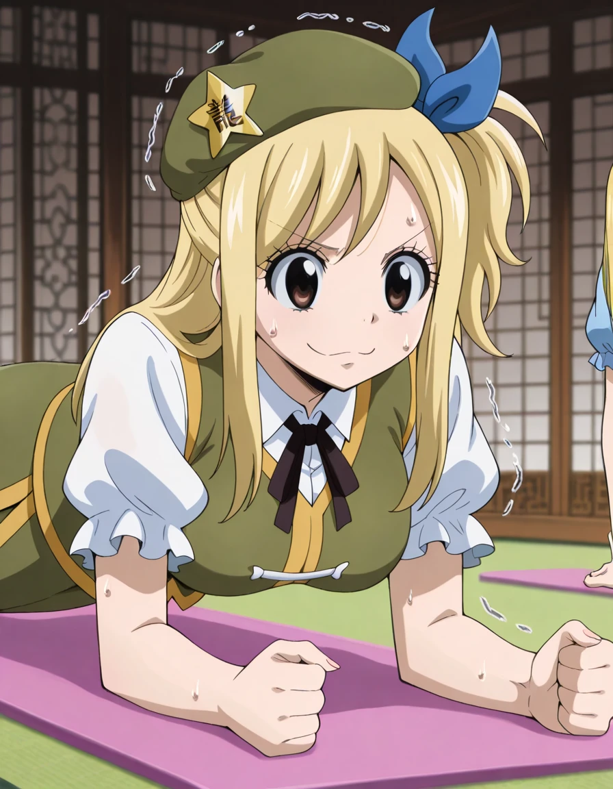 masterpiece, best quality, amazing quality,, <lora:lucy-heartfilia-s1s3s7-illustriousxl-lora-nochekaiser:1>, lucy heartfilia, one side up, ribbon, hair ribbon, blue ribbon, blonde hair, brown eyes, long hair, mature female, breasts, anime screencap, <lora:hong-meiling-cosplay-illustriousxl-lora-nochekaiser:1>, hong meiling cosplay, hong meiling (cosplay), beret, black bow, black bowtie, black ribbon, bow, bowtie, collared shirt, frilled sleeves, frills, green hat, green skirt, green vest, hat, hat ornament, long skirt, neck ribbon, puffy short sleeves, puffy sleeves, short sleeves, side slit, skirt, star hat ornament, vest, white shirt,, <lora:planking-illustriousxl-lora-nochekaiser:1>, planking, exercising, yoga mat, yoga, yoga pants, trembling, struggling, sweat, sports bra,, ^_^, , , ,