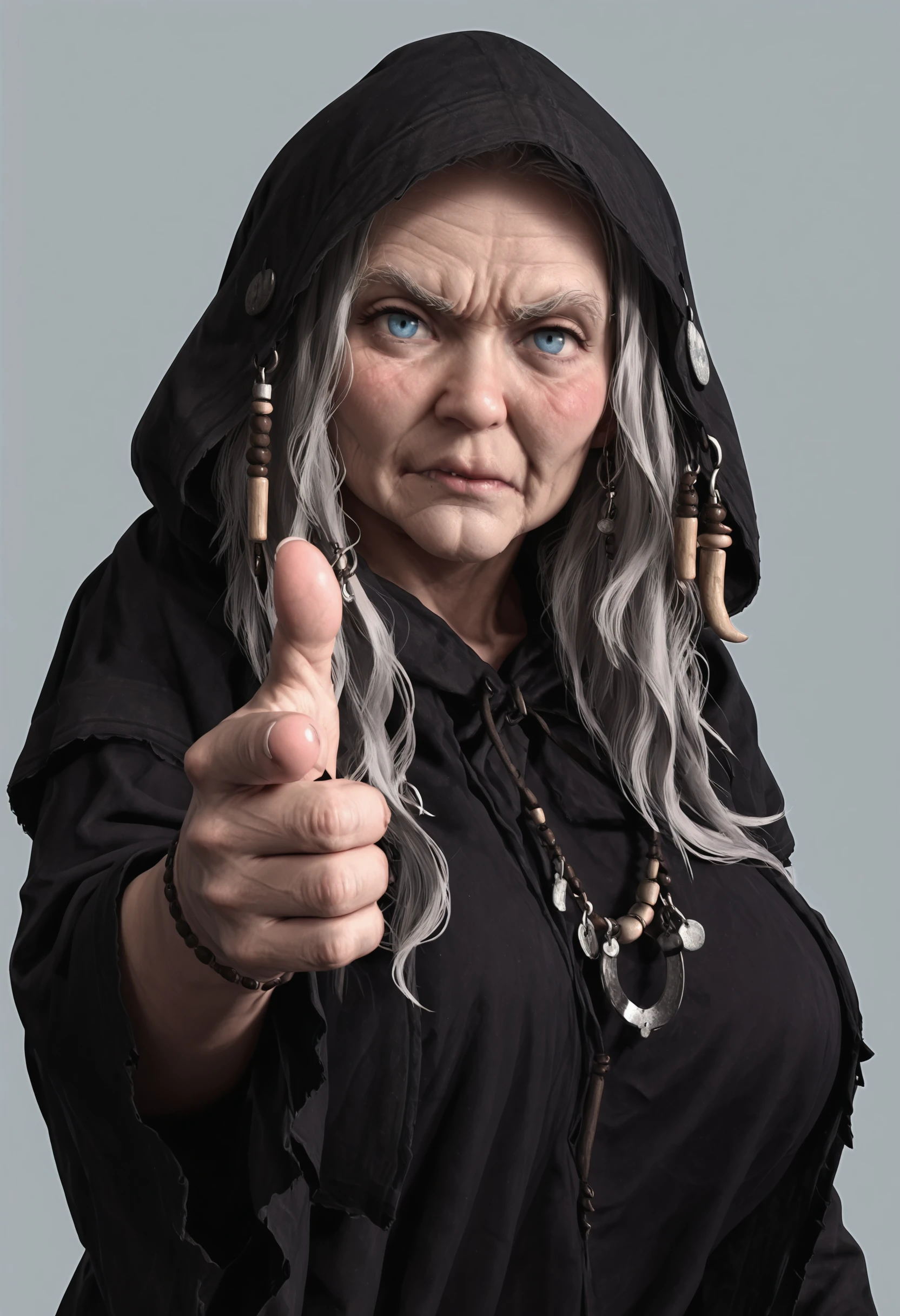 masterpiece, best quality, amazing quality, very aesthetic, absurdres, newest,  <lora:HagMirandaRE8ILf:1> h4ilf, 1girl, blue eyes, long hair, grey hair, hood, jewelry, black robe, upper body, blush, old, wrinkles, shortstack, pointing at viewer, annoyed, looking at viewer,
simple background, light blue background