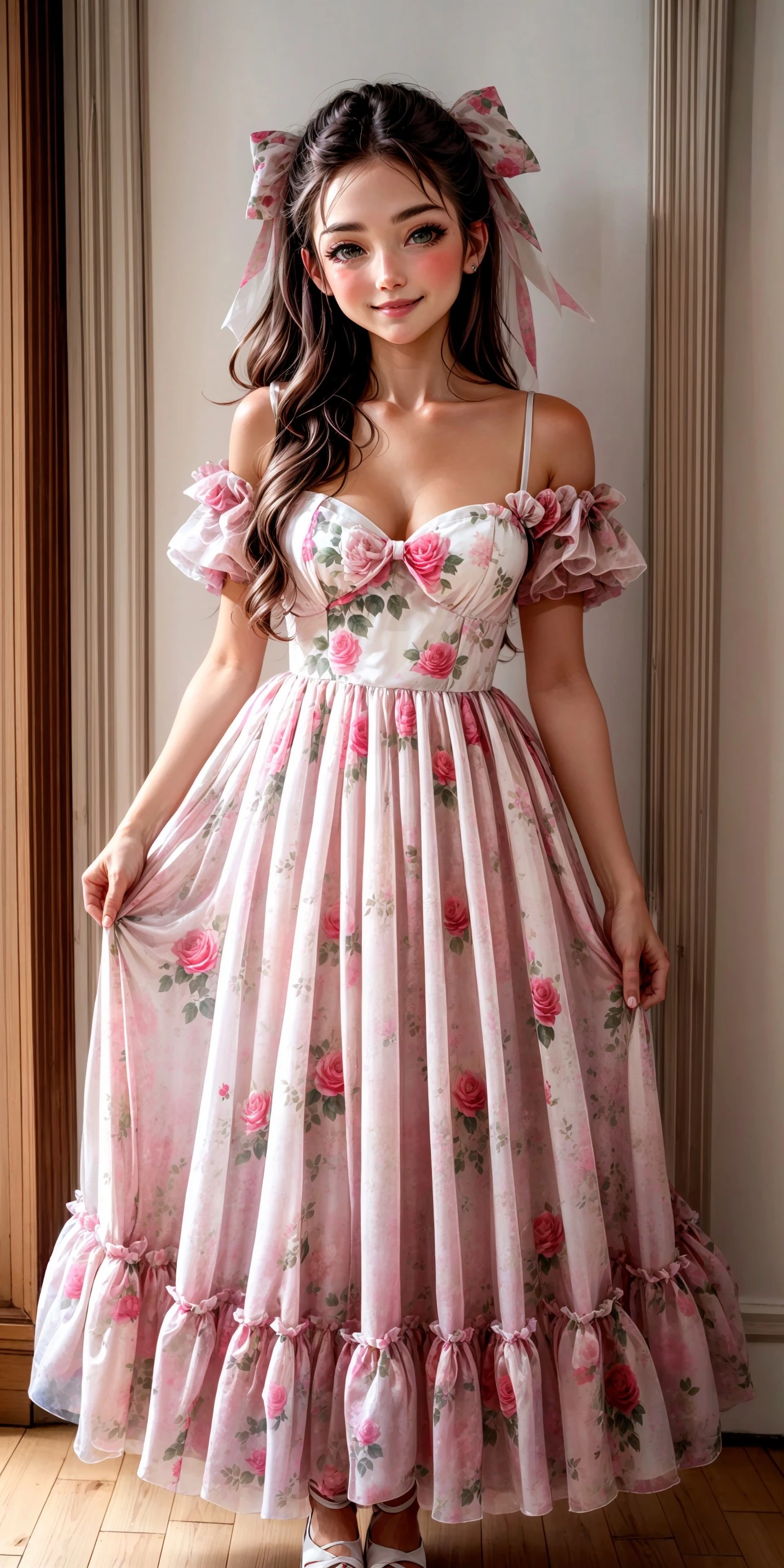 (front facing, facing viewer) 1girl, big sparkling eyes, blush, full face blushing, smile, romanticreverie, warm white dusty pink and green sheer rose print gown, floral print, rose print, dusty pink (rose print on sheer gown), sweetheart neckline, rose print (sheer puffy short sleeves), warm white and dusty pink long attached rose print gown_skirt, bows, white bows, sheer bows, rose print bows, <lora:more_details:0.7>, <lora:scene_:0.5>, <lora:FashionComplexityEnhancerLORAv1:0.4>, <lora:c0065bc4-3a5f-4d80-880c-af99664830f8:0.6>, <lora:f7d08feb-f21d-42d0-9ef1-a9481867524d:0.3>, <lora:96073874-f082-4683-942e-601cecac5c40:0.3>, <lora:5844635f-c9c3-4f9e-85c4-d0d40f201159:0.3>, <lora:dde4416e-9f24-48d4-a965-d989baea5d73:0.2>, ,