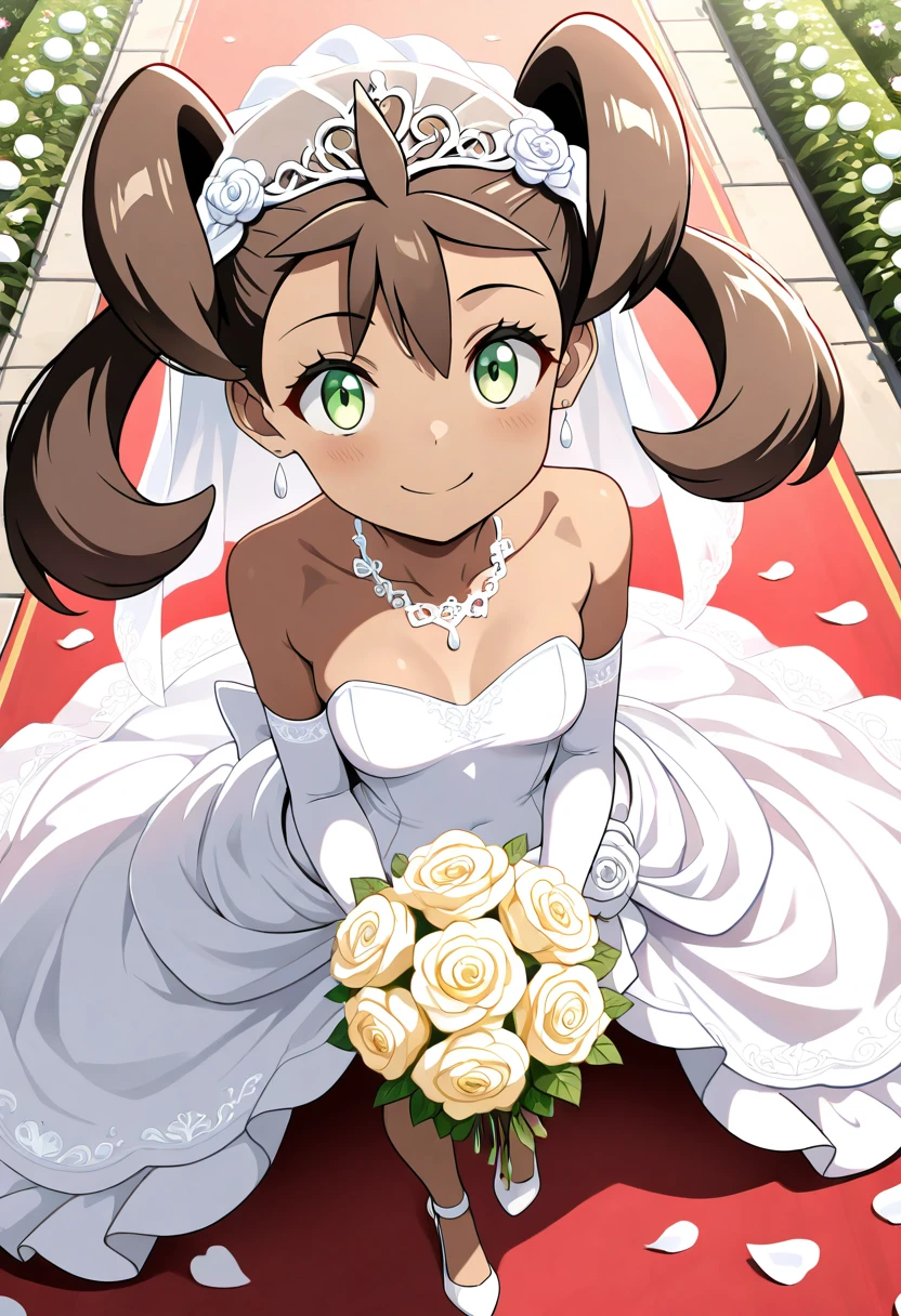 masterpiece, best quality, solo, curvy, beautiful eyes,  smile, looking at viewer, foreshortening, wide hips, narrow waist, upper body, close up, dynamic angle,   zzShauna, dark skin, twintails, brown hair, long hair, green eyes, <lora:ShaunaPokemon_IXL_v1:0.8>,[Elegant Bridal Moment], Strapless wedding dress, elbow-length gloves, flowing bridal veil, white heels, delicate bouquet, Standing in a sunlit garden aisle, surrounded by soft flower petals and dappled light filtering through trees, radiating grace before the ceremony.