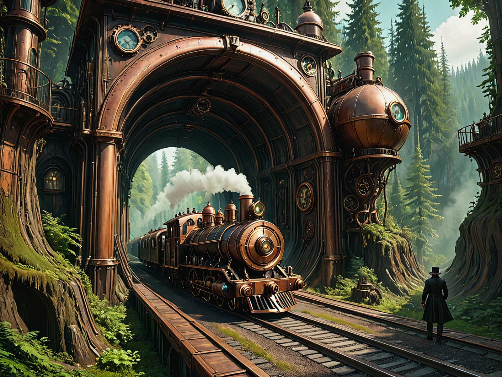 A steampunk train, exiting a tunnel into a forest.
<lora:Steampunk01_CE_XL_200-OT:0.6> stmpnkCE_style