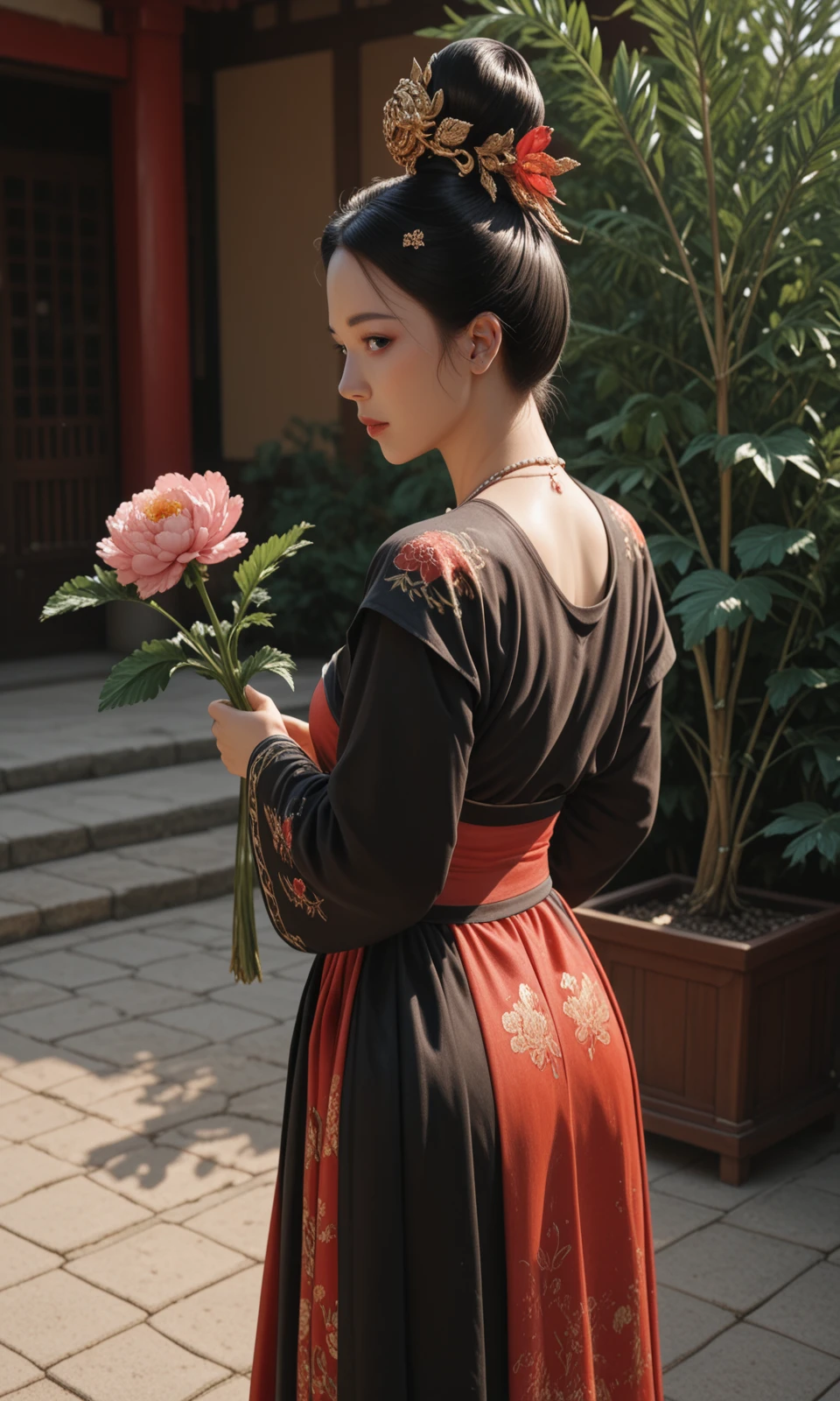 (1girl/gsfh, HWF, hanfu, jewelry, necklace, black hair, hair ornament, chinese clothes, realistic, black eyes, cleavage, single hair bun, looking at the viewer), from behind, outdoor,
(holding a plant/planter, leaf, peony),
masterpiece, best quality, amazing quality, very aesthetic, absurdres, newest, haute couture,
light from one side, dark shadow,