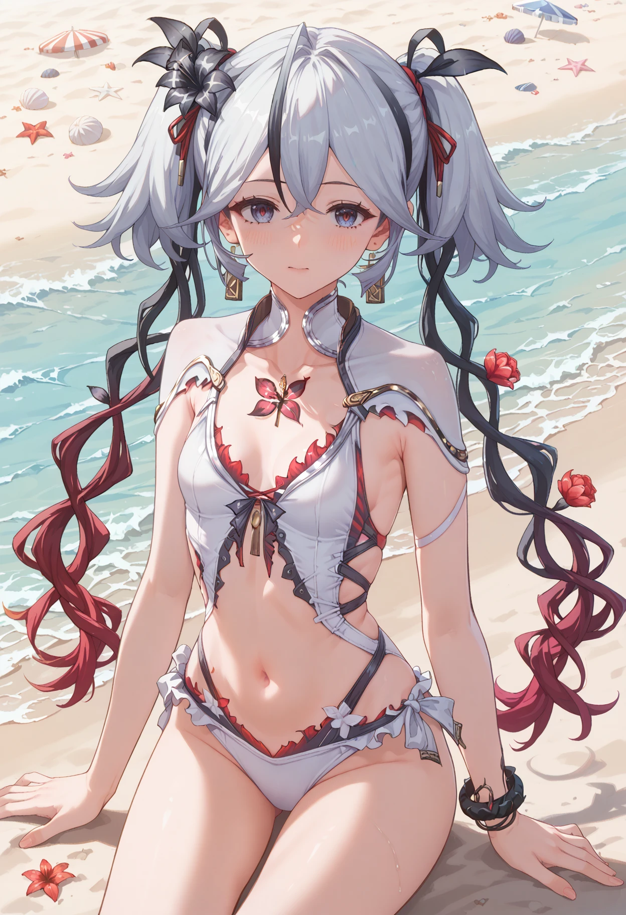 Beautiful fece, illuminating, masterpiece, top-quality, 1girl, 独奏, Samyang, swimer, The bikini, Stylish bikini, tiny chest, cleavage of the breast, suntan lines, portrait shot, looking at the viewers, A detailed face, A detailed eye, Detailed hair, Partially submerged, Outdoor pool, wetted skin, wetting hair, High quality water, HD, 4k, Super Settings