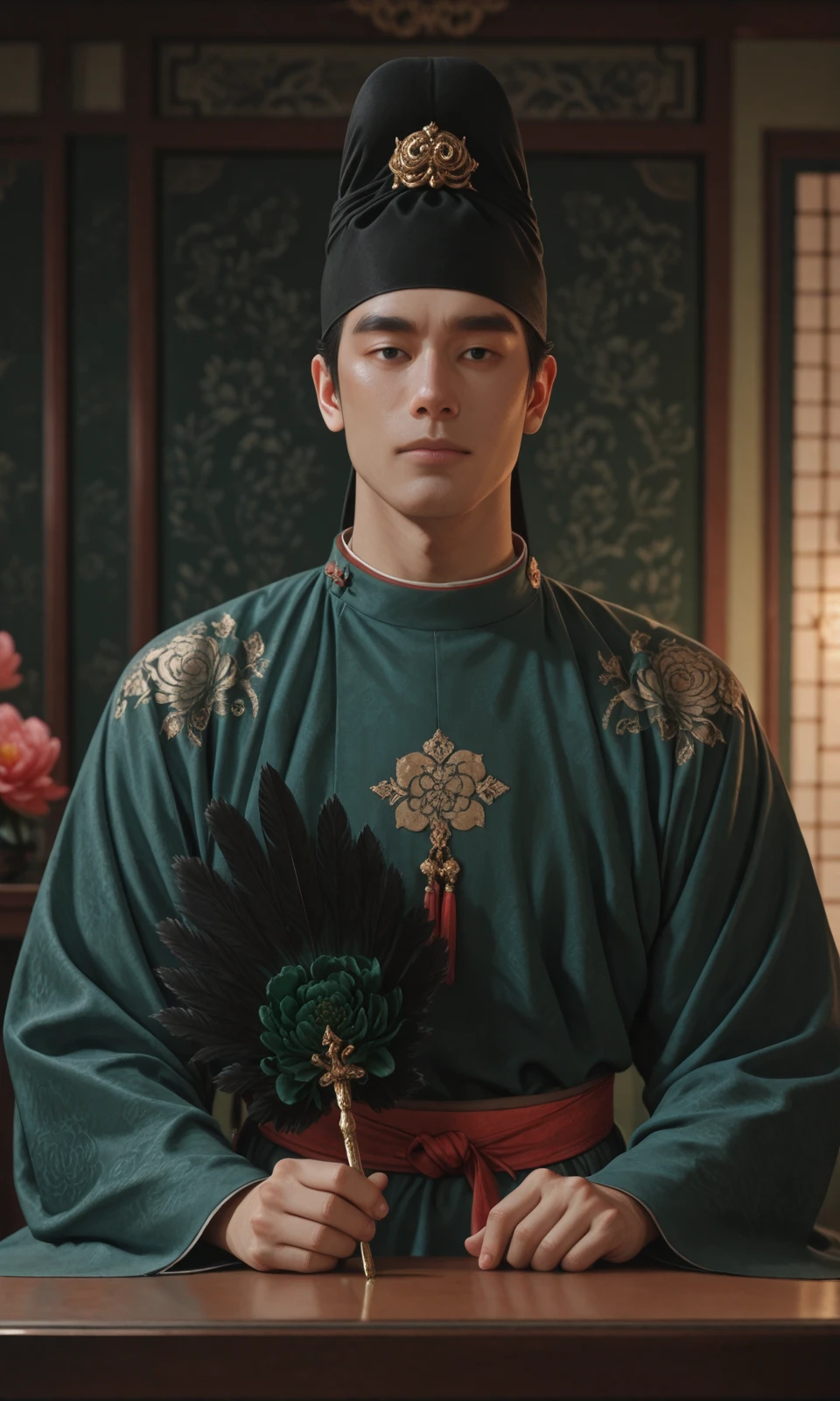 Top photography works, masterpiece, best quality, newest, absurdres, highres,
(1boy/GSFH, jcy, male focus, Round-collar robe, hat, hanfu, solo, indoors, black hair, realistic, looking at viewer, photo background, black eyes, upper body),
sitting, holding a feather fan, feather fan, table, tea set,
masterpiece, best quality, amazing quality, very aesthetic, absurdres, newest, haute couture,
minimalistic composition, (dark green background details/Peony pattern, Peony),
light from one side, dark shadow, depth of field, dynamic lighting,