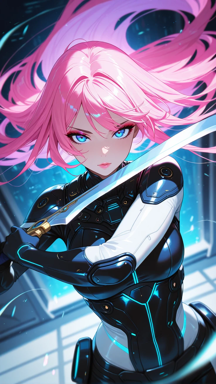 masterpiece, best quality, good quality, very aesthetic, absurdres, newest, depth of field, focused subject, in the style of cknc,
dynamic angle, stance, 1girl, solo, long hair, flowing hair, neon hair, bioluminecent glow, parted pink lips, eyeshadow, upper body, sci-fi, looking at viewer, holding futuristic scimitar, unsheating, wind effect