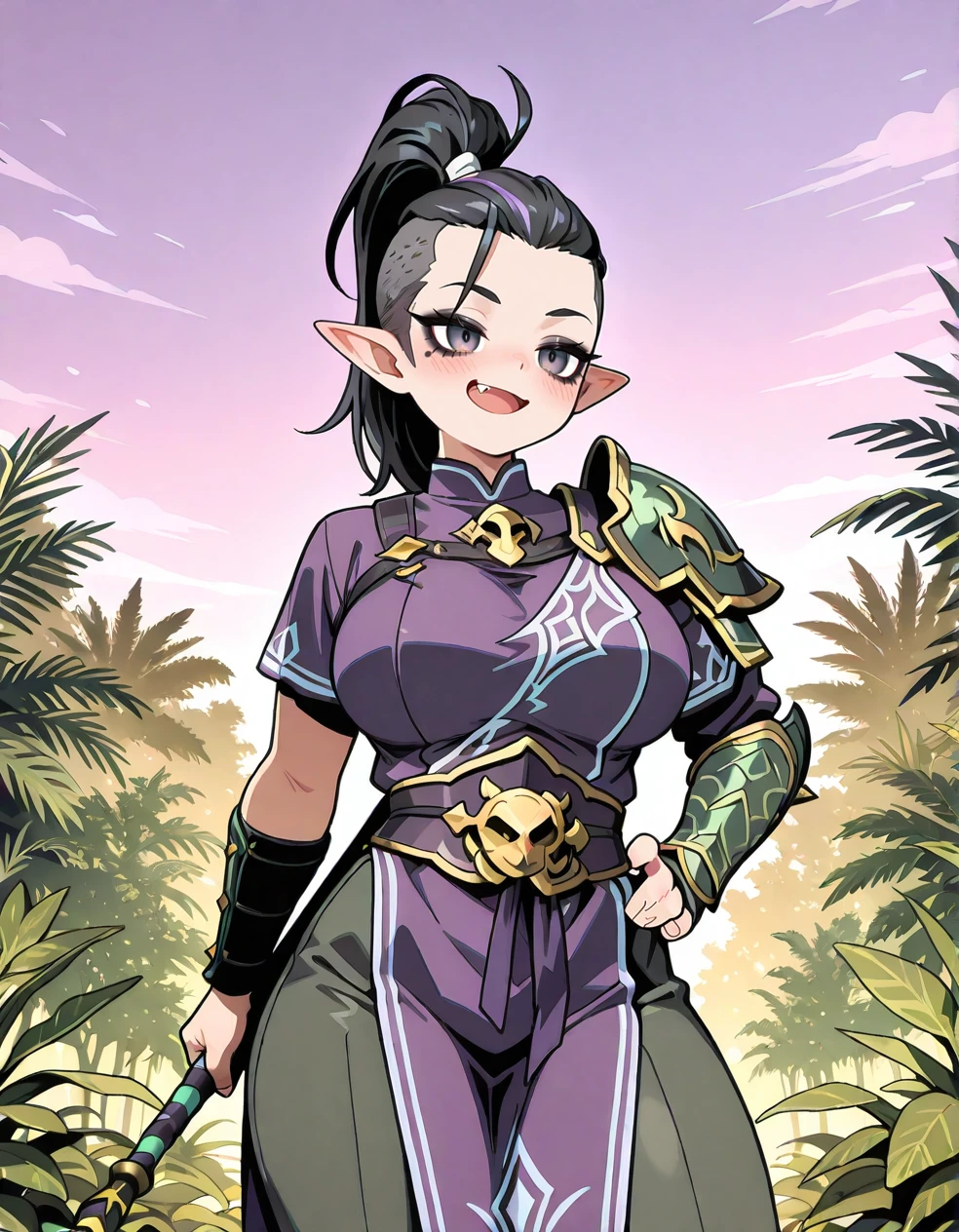 (2D, highres, hi res, anime coloring, anime screencap, flat colors, clean lineart, ultra-detailed, curvy, large_breasts, 1 girl,pale purple sky,jungle,tropical rain forest), TRexStyle, High Beastmaster, purple eyes,black hair, sharp eyelashes, (pointy_ears:1.2),single shoulder green scale armor,topknot,shaved sides, mohawk style, tied-up hair, high ponytail, undercut,holding polearm, fierce expression, standing pose,one hand on hip, round face,soft features,big round eyes,open mouth,fang,smirk,blush,purple tunic,serpentine arm guard,ornate right arm armor, clean sides, no loose hair, no stray hair, tightly tied hair,colorful details, high contrast, vivid colors,cute expression, soft cheeks,younger, youthful appearance,pants,black eyeshadow,bold eyeliner,smokey eye makeup,dark smokey eyes,boots,<lora:High_Beastmaster-000005:1>, <lora:ATRex_style:0.7>, <lora:Ghelber:0.4>, <lora:Body Type Slider - Illustrious_alpha1.0_rank4_noxattn_last:-1>