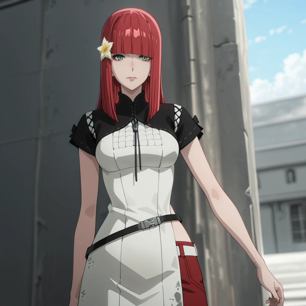 <lora:DevolaPopolaNierAnime_illustrious_v1:1> Popola, 1girl, red hair, hair ornament, dress, long hair, hair flower, green eyes, belt, bangs, cowboy shot