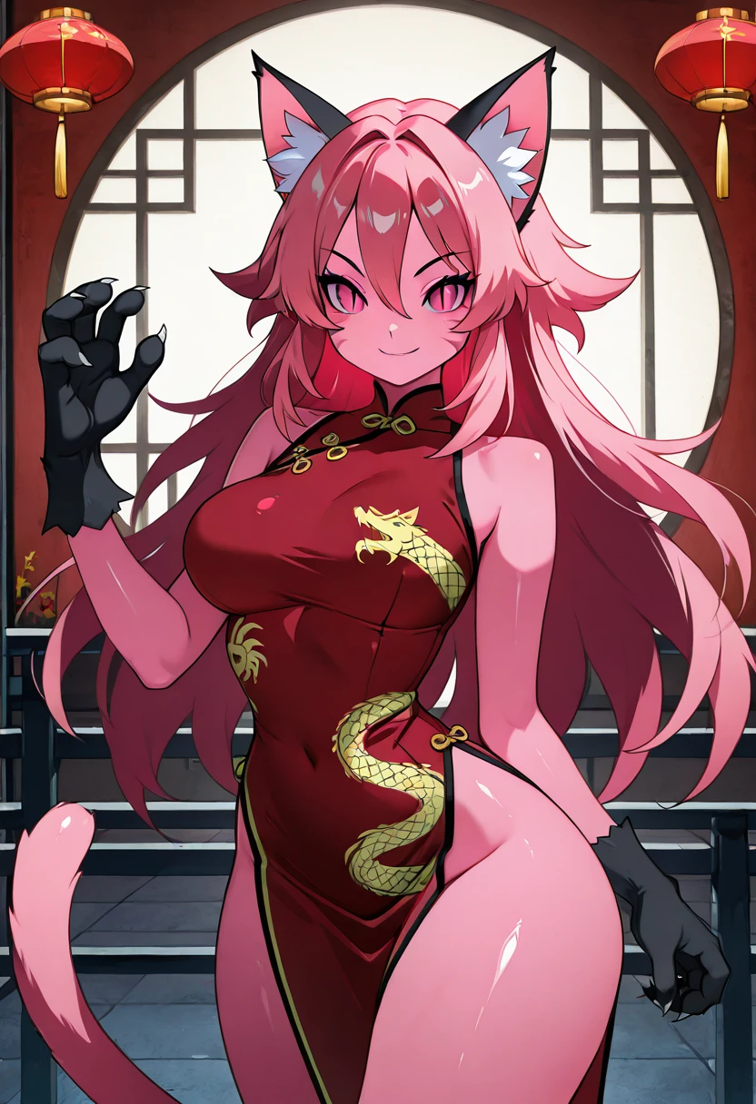 masterpiece, best quality, solo, curvy, beautiful eyes, narrow waist, wide hips, zzPinkit, pink eyes, long hair, pink hair, pink skin, colored skin, animal hands, hair between eyes, cat ears, animal ear fluff, cat girl, slit pupils, animal ears, whisker markings, black gloves, china dress, bare shoulders, tail, sleeveless, , <lora:PinkitCitronOC_IXL_v1:1.0>, , smile, looking at viewer, cowboy shot, <lora:HaradaTakehitoIXL_v3:0.8>, <lora:ZankuroIXLLight_v2:0.3>,