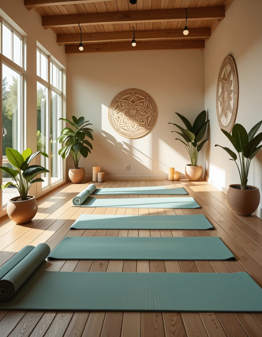 A serene and minimalist yoga studio, filled with natural light streaming through large floor-to-ceiling windows. The space features wooden floors, potted green plants in the corners, and soft neutral tones on the walls. Rolled yoga mats, meditation cushions, and neatly stacked blocks are arranged in an orderly fashion. A few Himalayan salt lamps emit a warm glow, adding to the calming atmosphere. The studio is empty and quiet, radiating peaceful energy, with a large mandala mural painted on one wall and gentle sunlight casting soft shadows across the room.yoga stud10, <lora:yoga_stud10-i:1>, Masterpiece,best quality,hi res,8k,hi res,8k,award winning,(sharp focus, intricate, highly detailed),