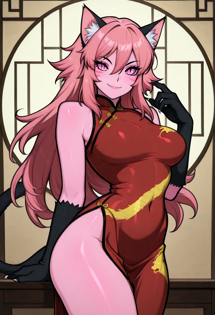 masterpiece, best quality, solo, curvy, beautiful eyes, narrow waist, wide hips, zzPinkit, pink eyes, long hair, pink hair, pink skin, colored skin, animal hands, hair between eyes, cat ears, animal ear fluff, cat girl, slit pupils, animal ears, whisker markings, black gloves, china dress, bare shoulders, tail, sleeveless, , <lora:PinkitCitronOC_IXL_v1:1.0>, , smile, looking at viewer, cowboy shot, ,<lora:AfrobullNAI:1.0>,