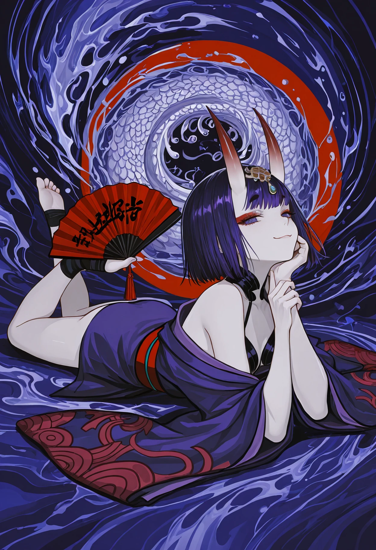 masterpiece, best quality, amazing quality, very aesthetic, absurdres, newest, 1girl,
<lora:lU5RsH5L3Ugbvz3_style_illustr:1> lu5rsh5l3ugbvz3, abstract background, surreal background, abstract, surreal,
volumetric lighting, detailed shadows, detailed background,
shuten douji fate, pale skin, bare shoulders, small breasts, eyeshadow, japanese clothes, purple kimono, open kimono, red belt, golden accents, smug, smirk, closed mouth, looking at viewer, 
lying on back, the pose, head rest, feet up, feet, soles, toes, stirrup legwear, toeless legwear, 
folding fan, japanese folding fan with intricate patterns, holding folding fan, 
swirling forms, swirling background, aqua-purple background, blue-purple background, vortex in background, stylized background, ethereal background